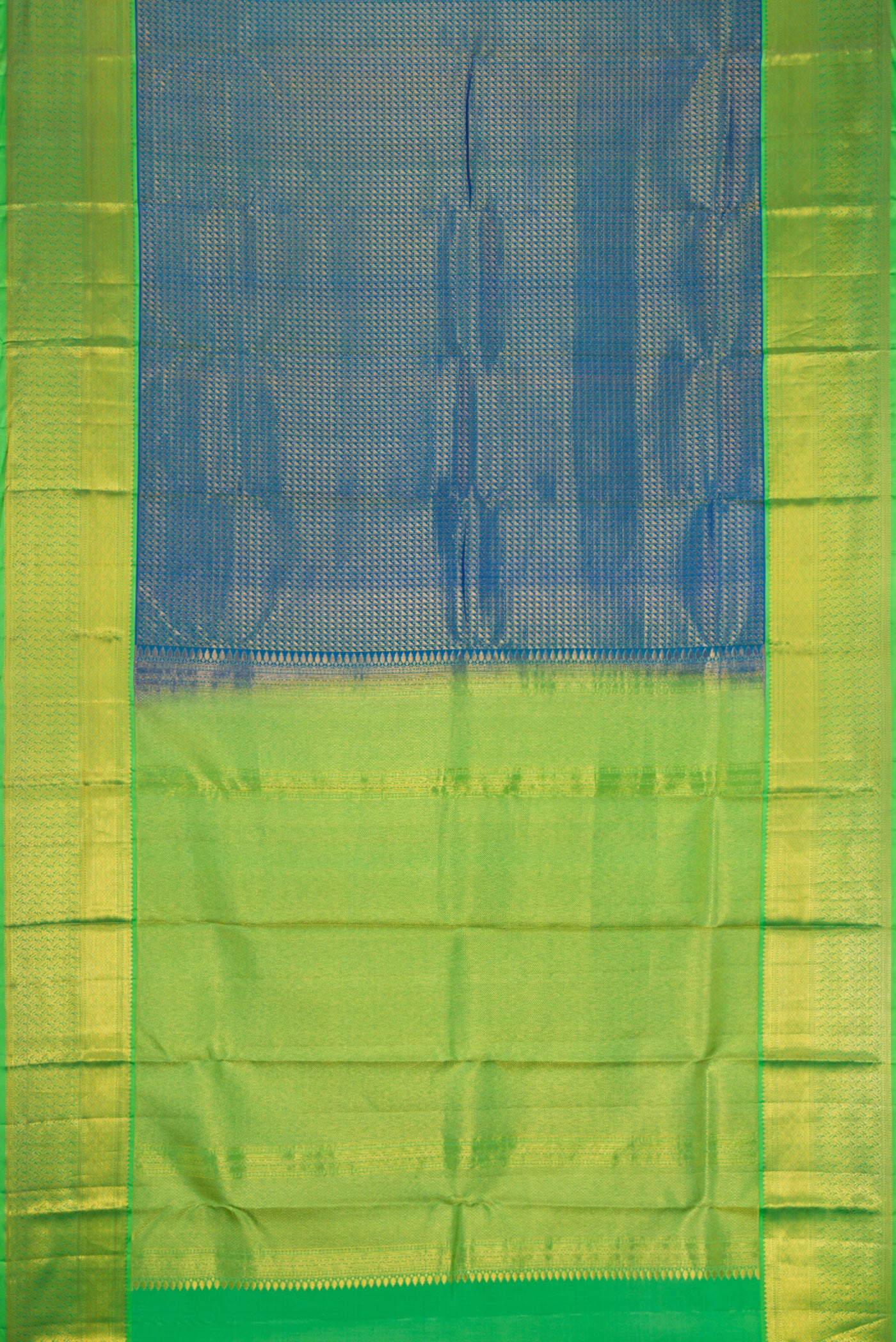 Flat view of Peacock Blue Dual Tone Kanchipuram Silk Saree with Zari Brocade on the body and Zari Border. 
