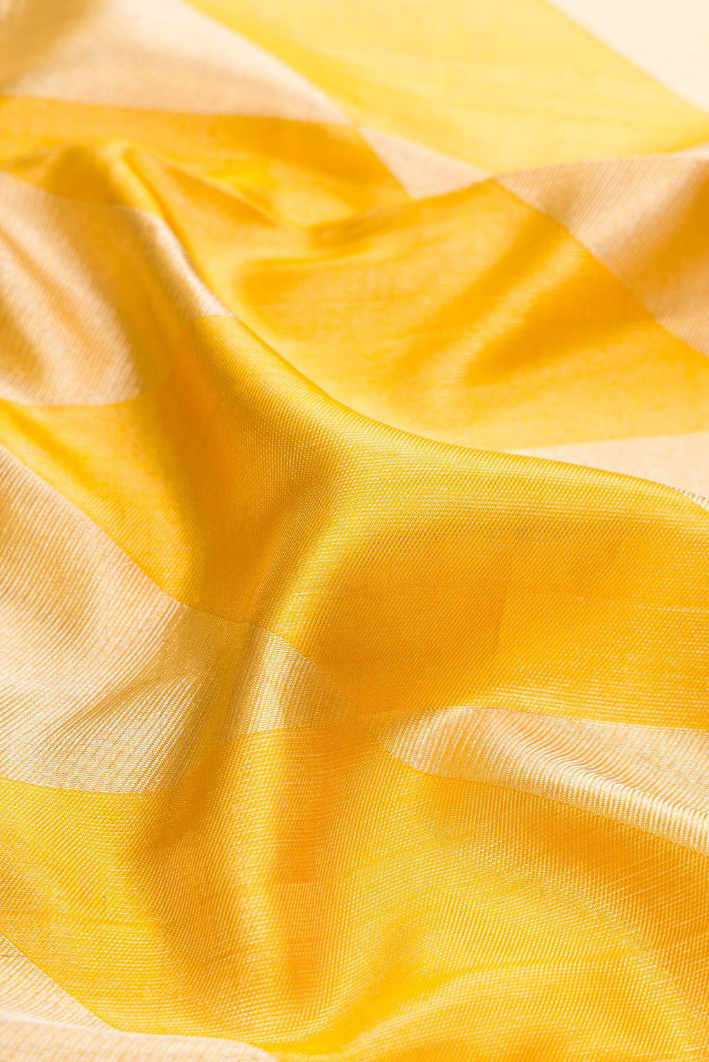 Close up of Gold Dual Tone Tissue Silk Saree with Zari Brocade on the body and Zari Border.  displaying folds