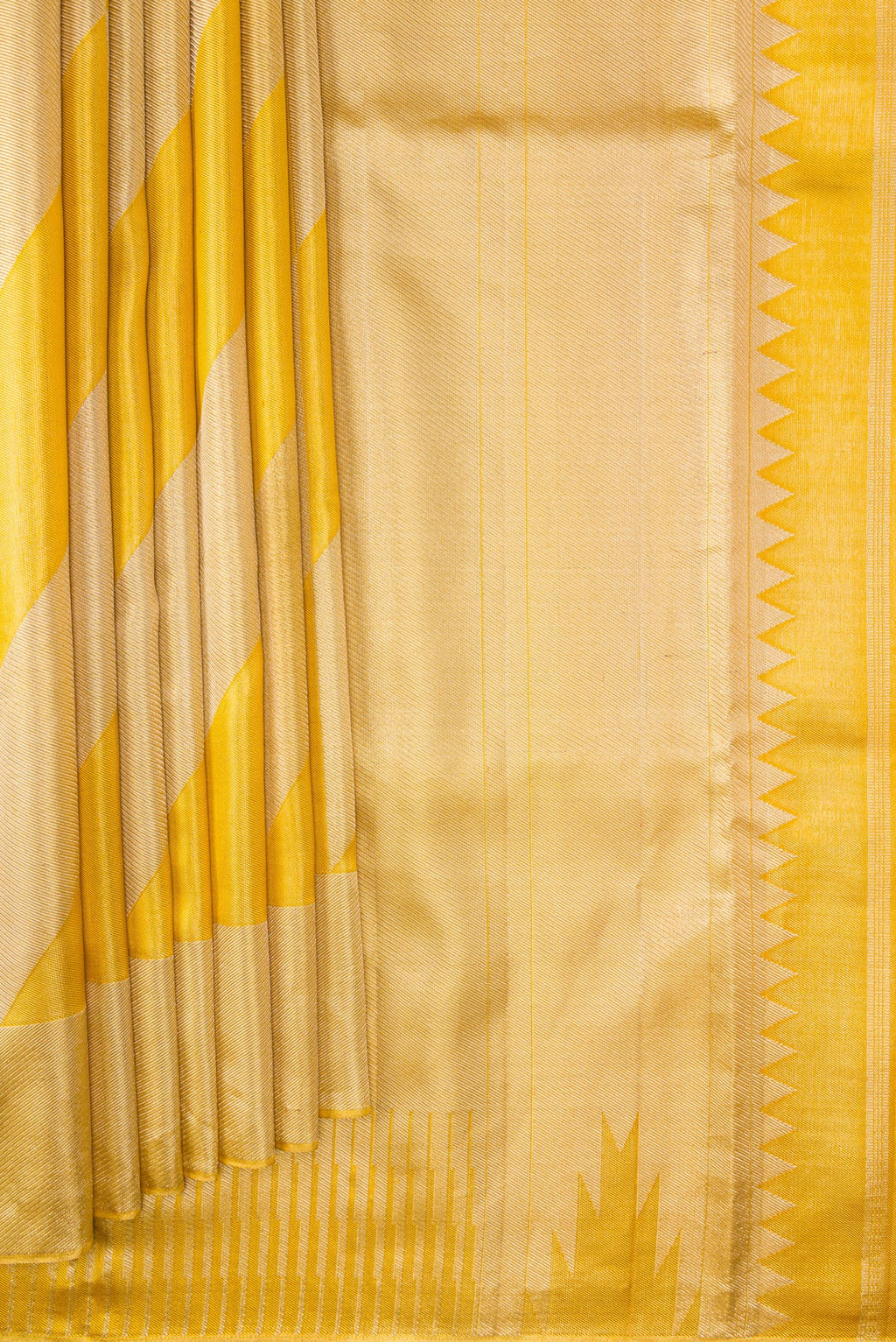Pleats and pallu of Gold Dual Tone Tissue Silk Saree with Zari Brocade on the body and Zari Border. 