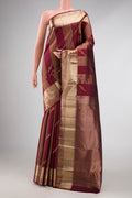 Maroon Dual Tone Kanchipuram Silk Saree with Zari Brocade on the body and Zari Border displayed on a mannequin