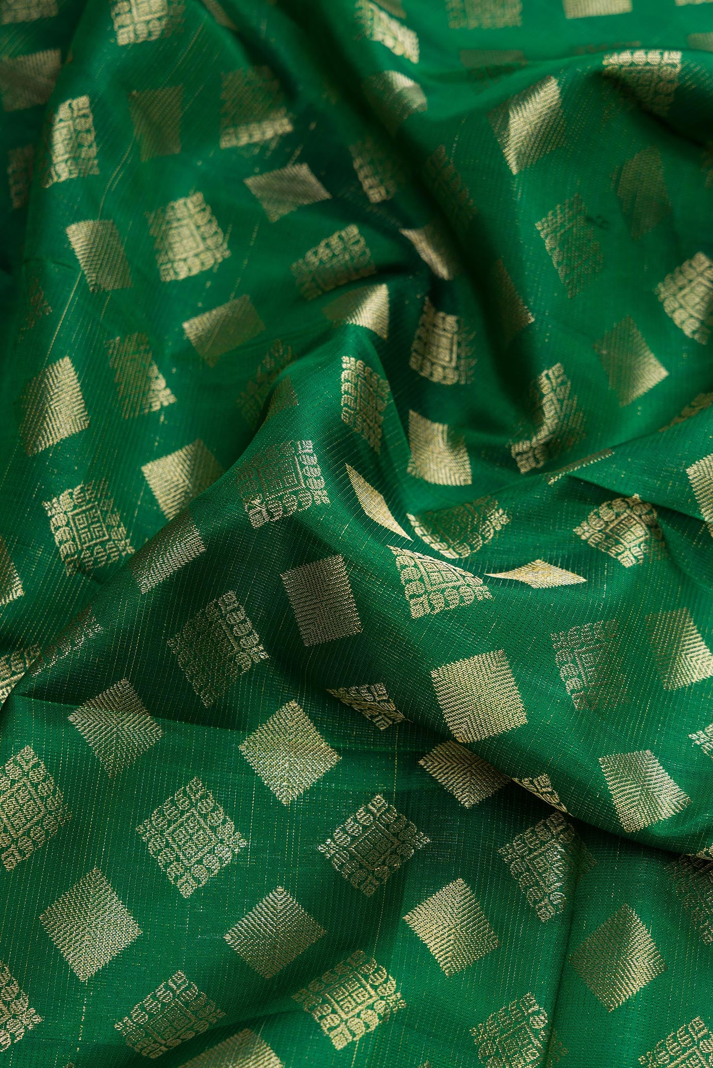 Close up of Green Dual Tone Kanchipuram Silk Saree with Zari Brocade on the body and Zari Border.  displaying folds