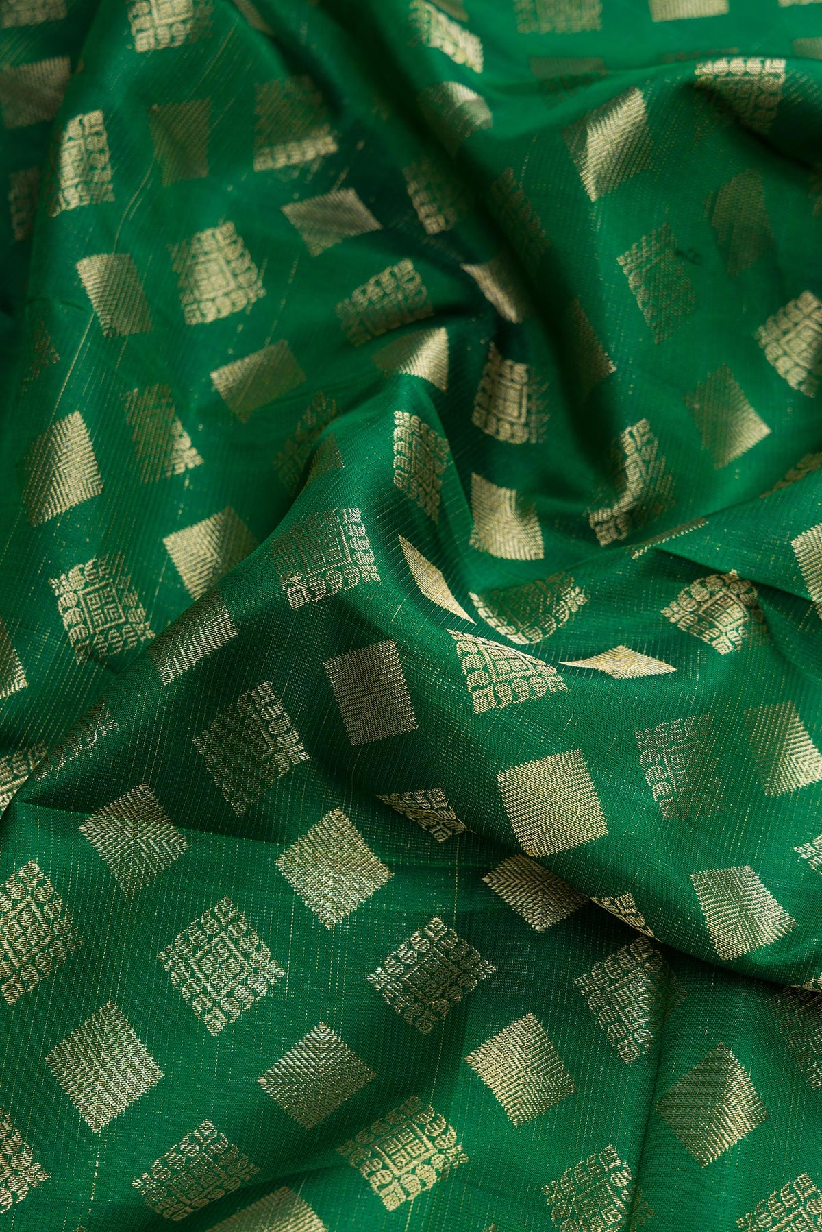 Close up of Green Dual Tone Kanchipuram Silk Saree with Zari Brocade on the body and Zari Border.  displaying folds