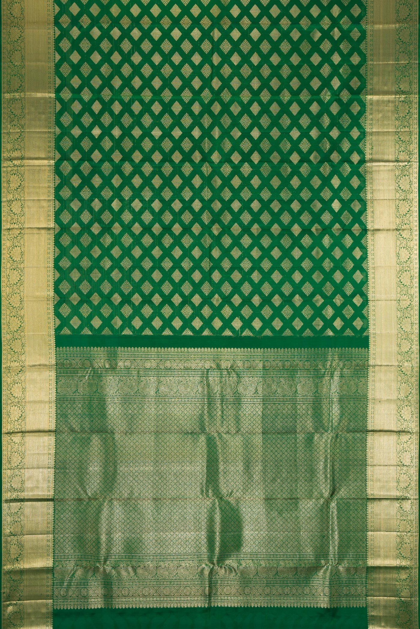Flat view of Green Dual Tone Kanchipuram Silk Saree with Zari Brocade on the body and Zari Border. 