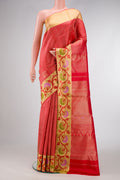Red Dual Tone Kanjivaram Silk Saree with Zari Brocade on the body and Fancy Border.  displayed on a mannequin