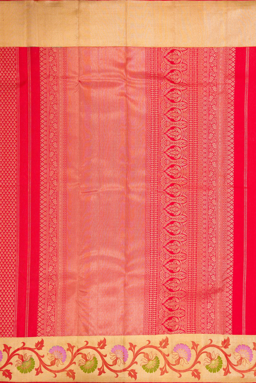 Close up image of the pallu of Red Dual Tone Kanjivaram Silk Saree with Zari Brocade on the body and Fancy Border. 