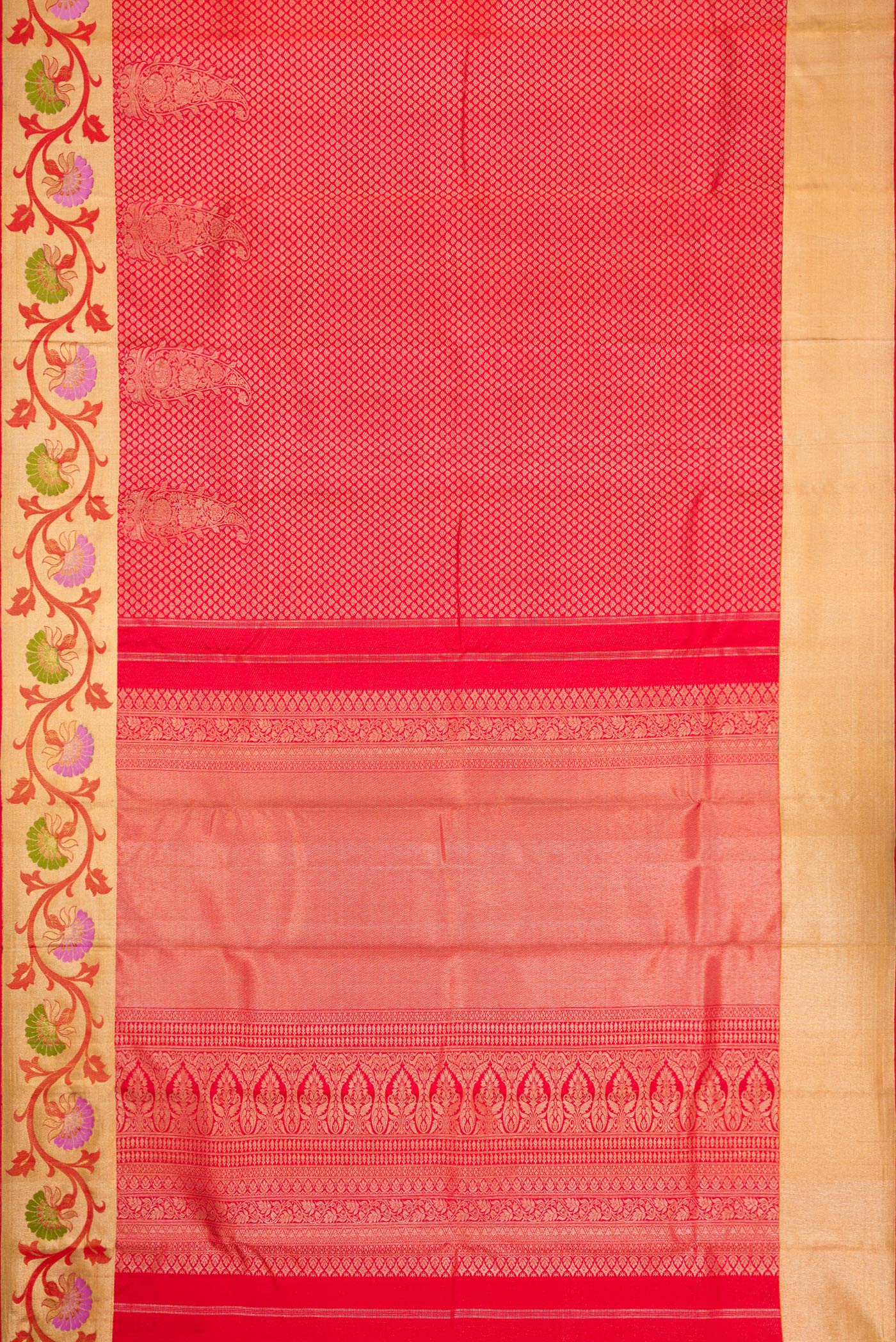 Flat view of Red Dual Tone Kanjivaram Silk Saree with Zari Brocade on the body and Fancy Border. 