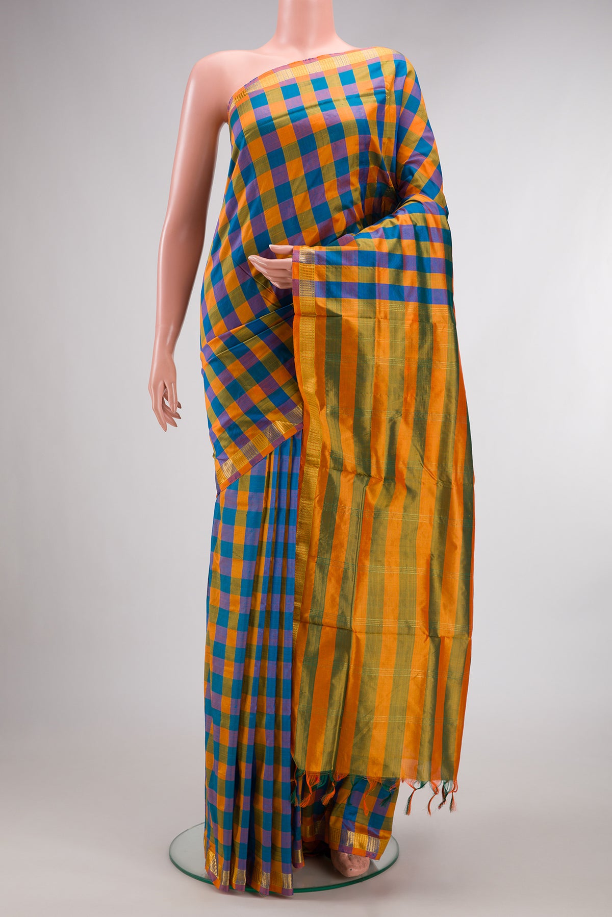 Pure Silk Multi Color Kanjivaram Nine Yards Saree with Checked design on the body and Zari Border.  displayed on a mannequin