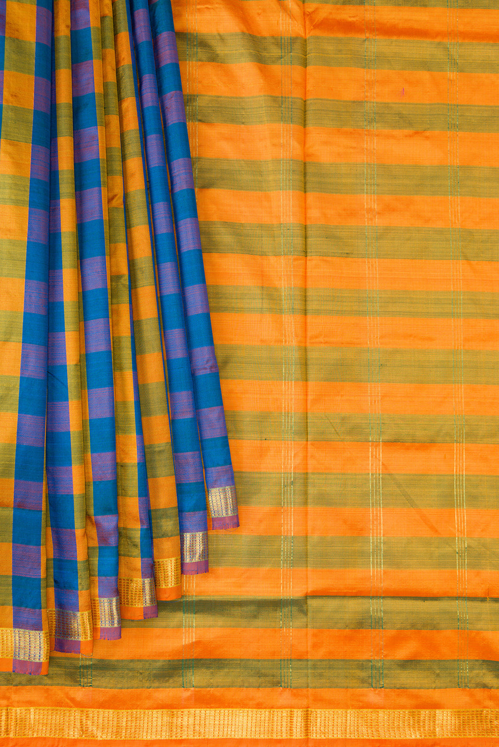 Pleats and pallu of Pure Silk Multi Color Kanjivaram Nine Yards Saree with Checked design on the body and Zari Border. 