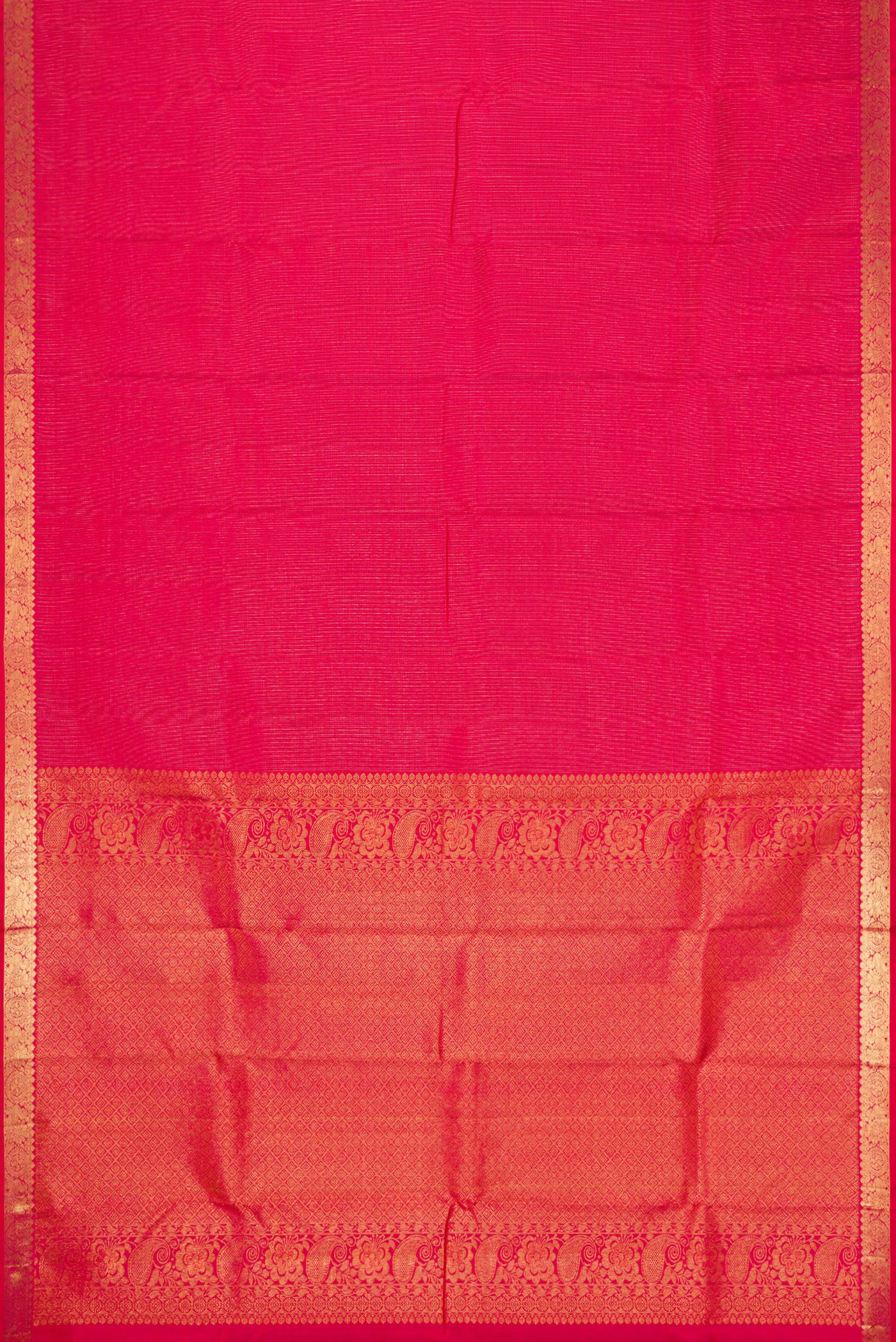 Flat view of Pink Dual Tone Kanchipuram Silk Saree with Stripes on the body and Zari Border. 
