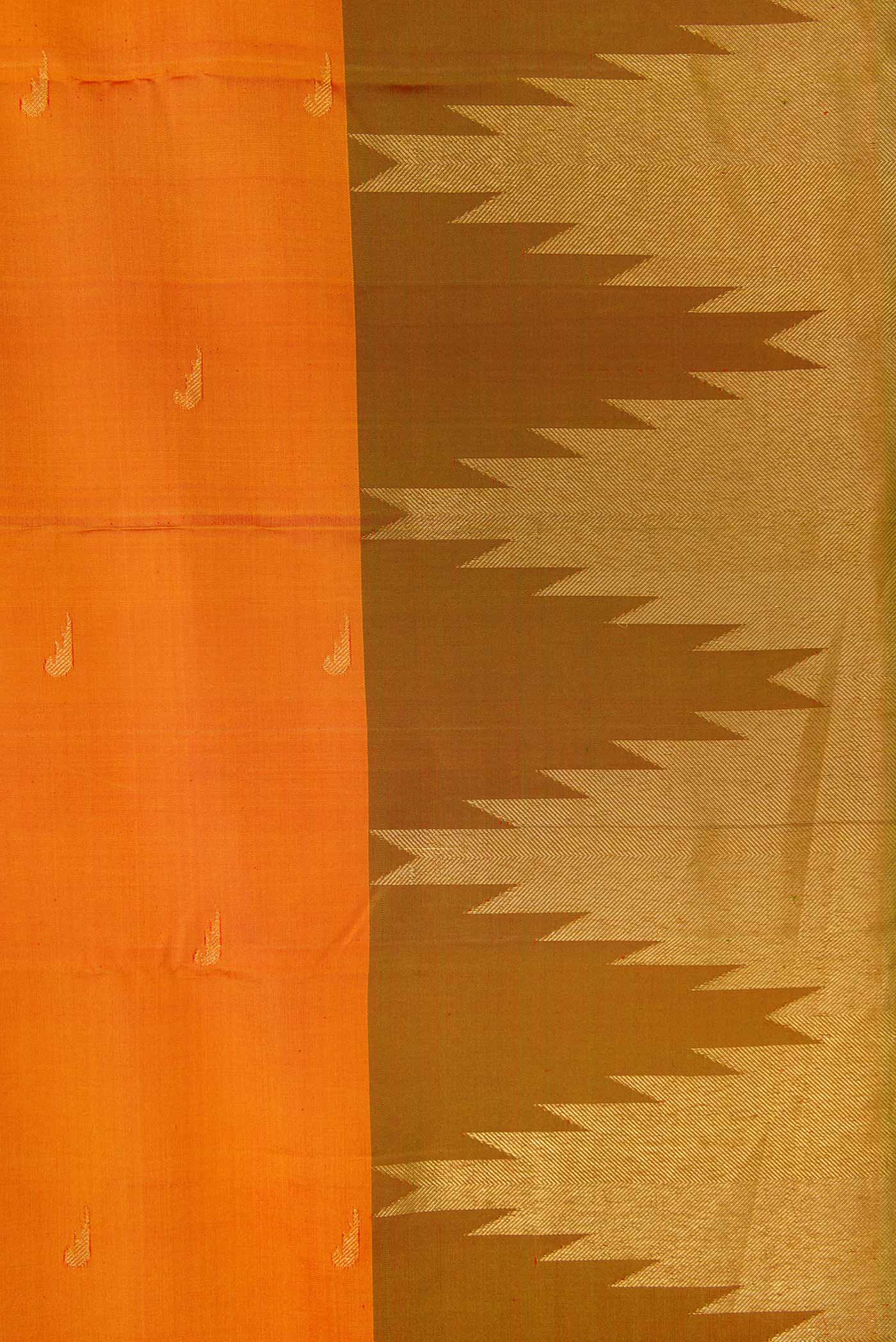 Border image of Mustard Dual Tone Kanjivaram Silk Saree with Zari Butta on the body and Temple Border. 