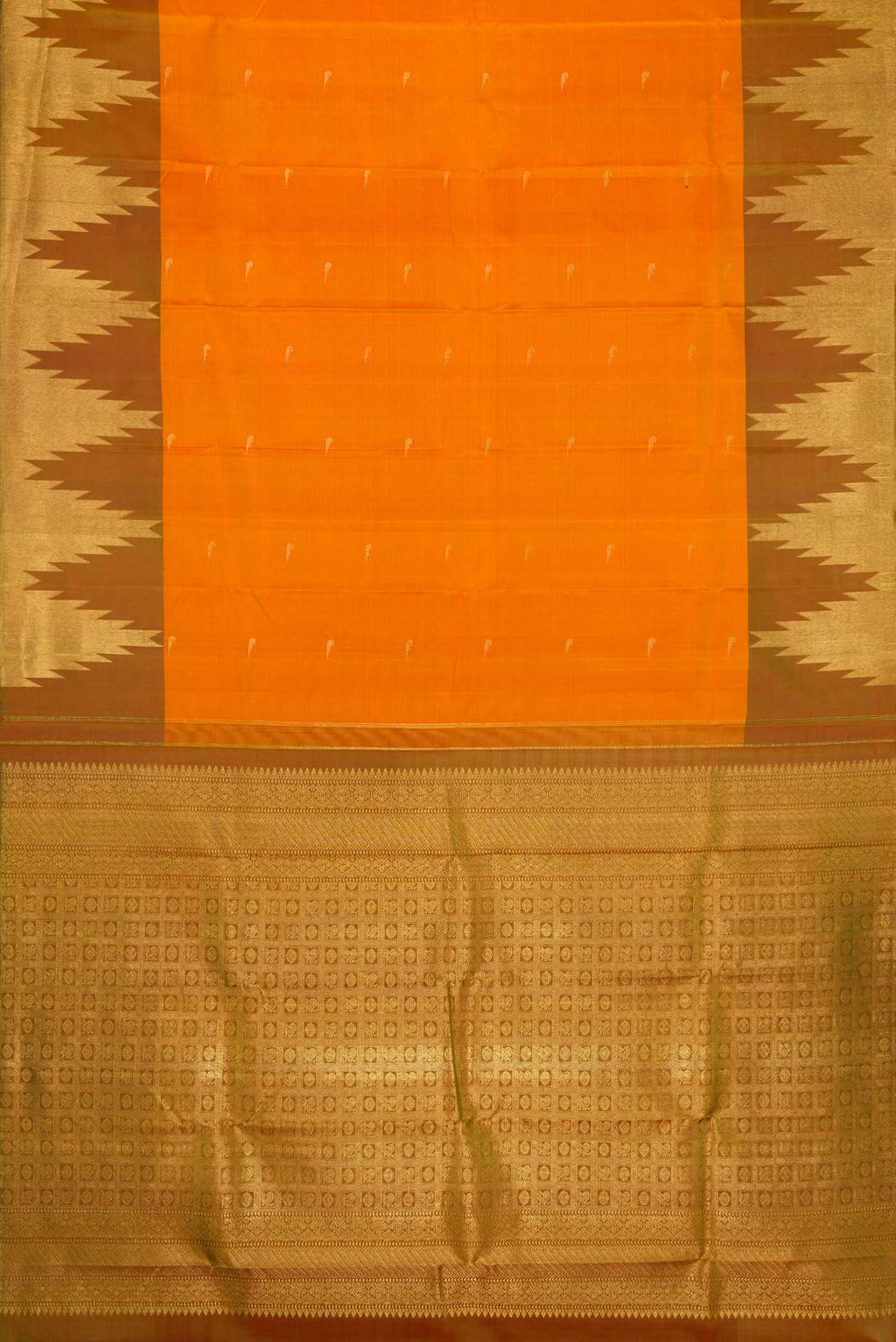 Flat view of Mustard Dual Tone Kanjivaram Silk Saree with Zari Butta on the body and Temple Border. 