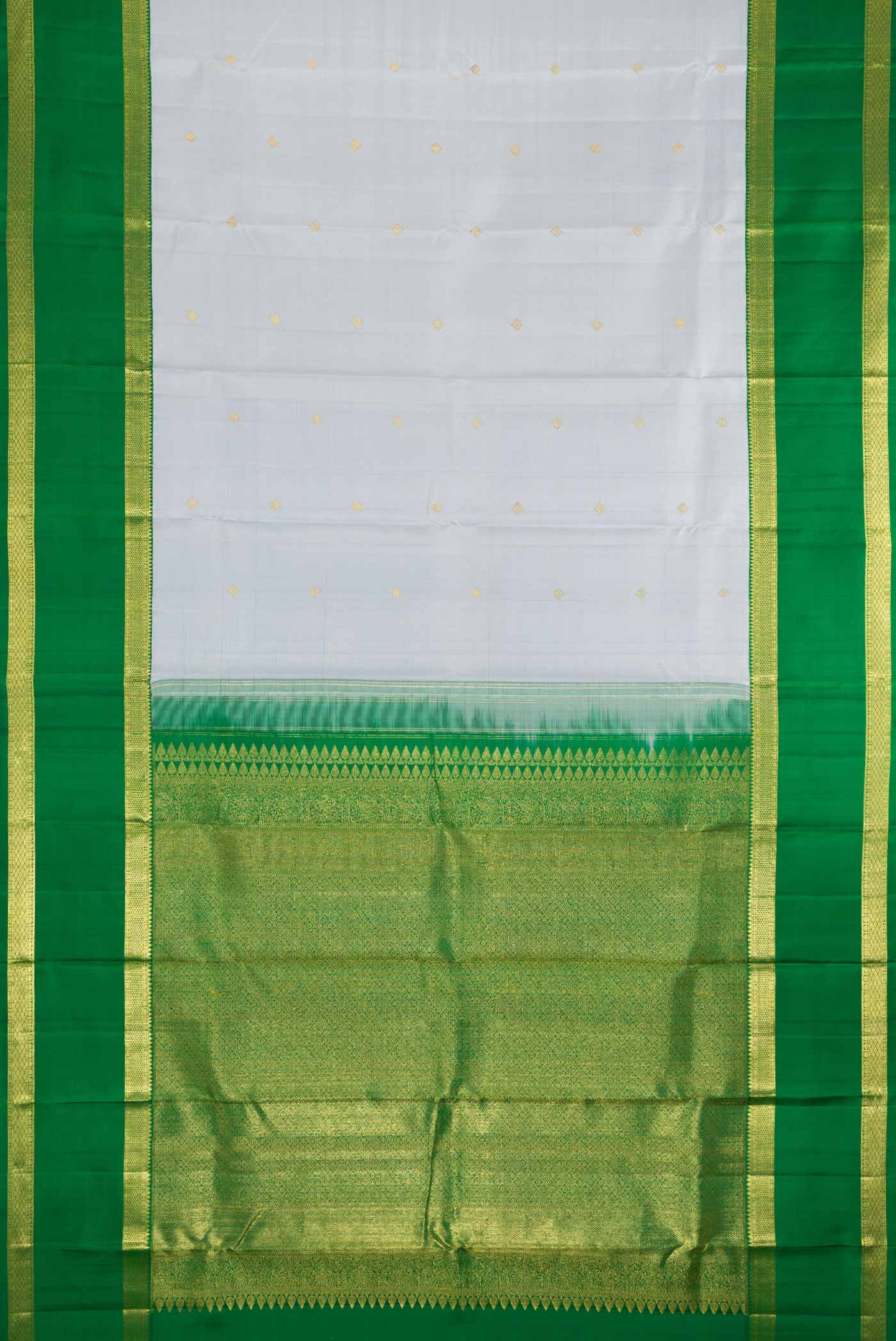 Flat view of Grey Dual Tone Kanjivaram Silk Saree with Zari Butta on the body and Zari Border. 