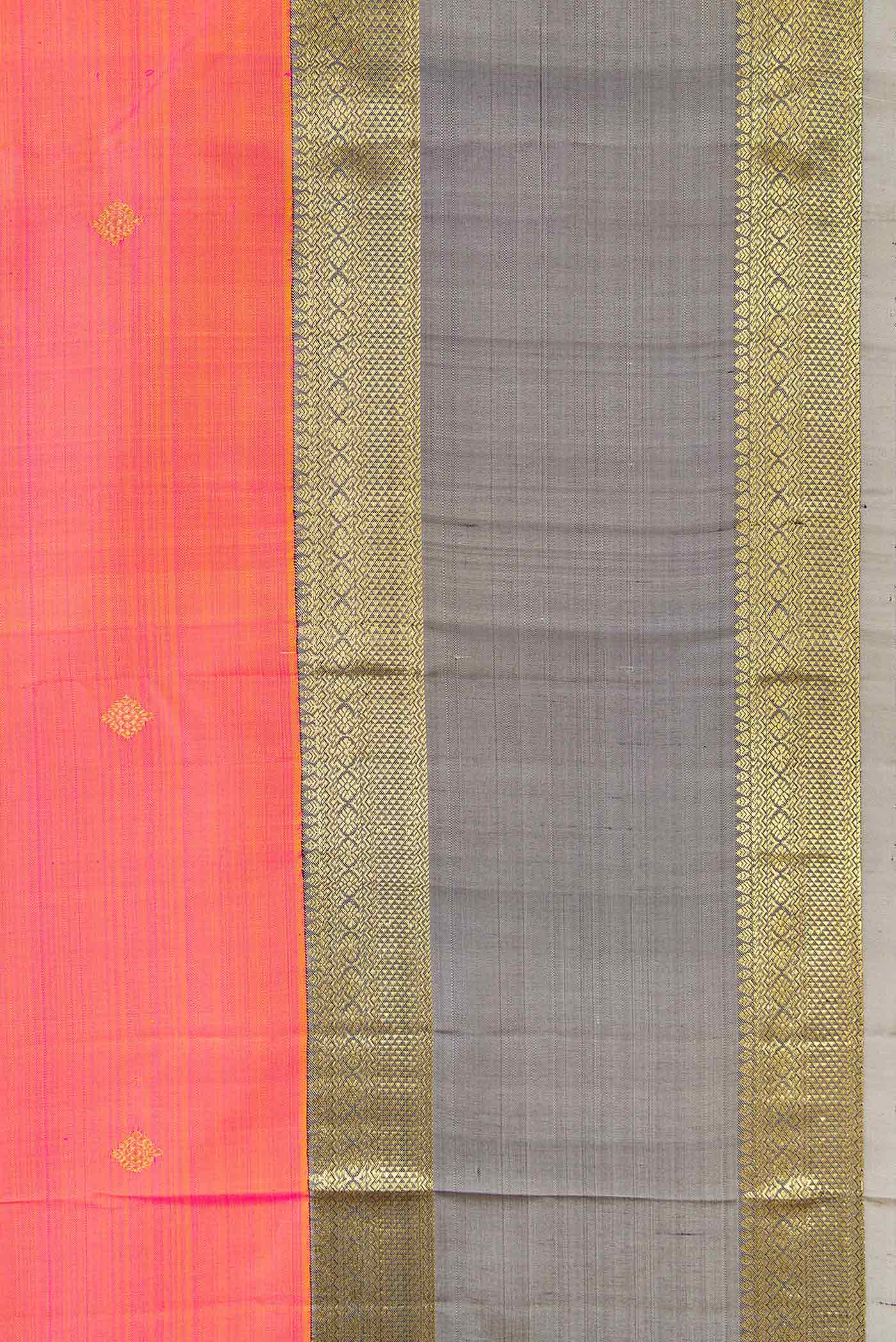Border image of Orange Dual Tone Kanjivaram Silk Saree with Zari Butta on the body and Zari Border. 