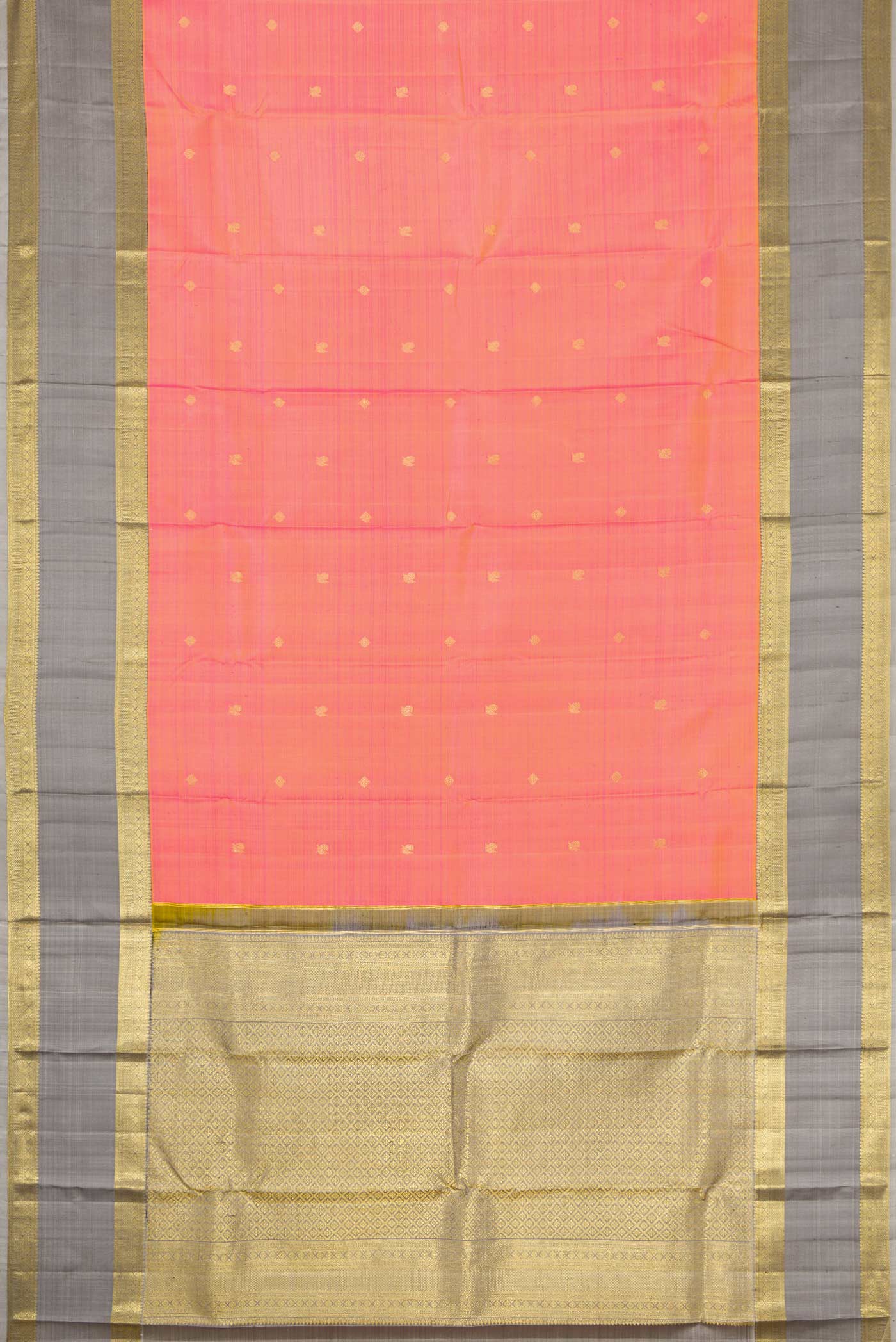 Flat view of Orange Dual Tone Kanjivaram Silk Saree with Zari Butta on the body and Zari Border. 