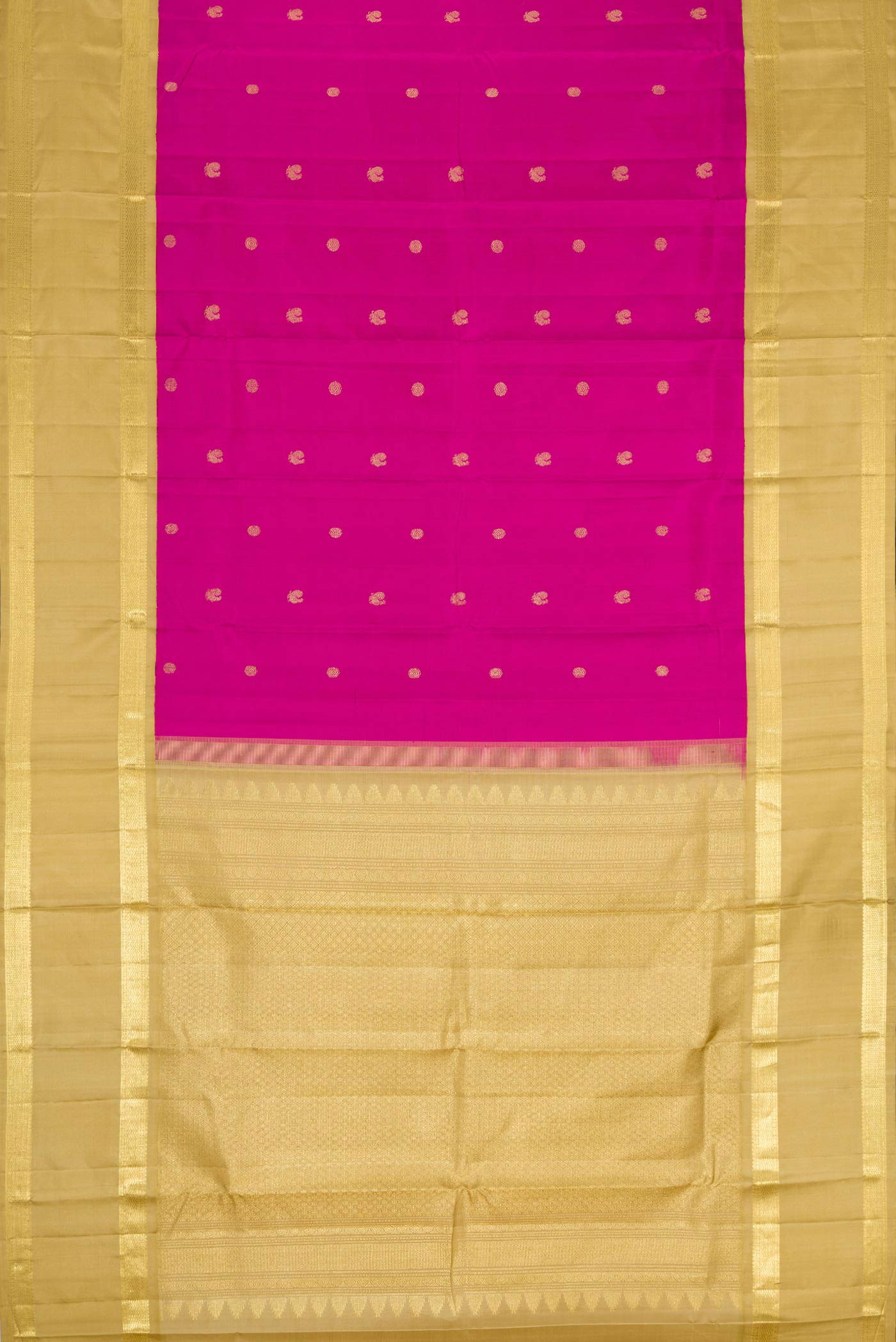 Flat view of Pink Dual Tone Kanchipuram Silk Saree with Zari Butta on the body and Zari Border