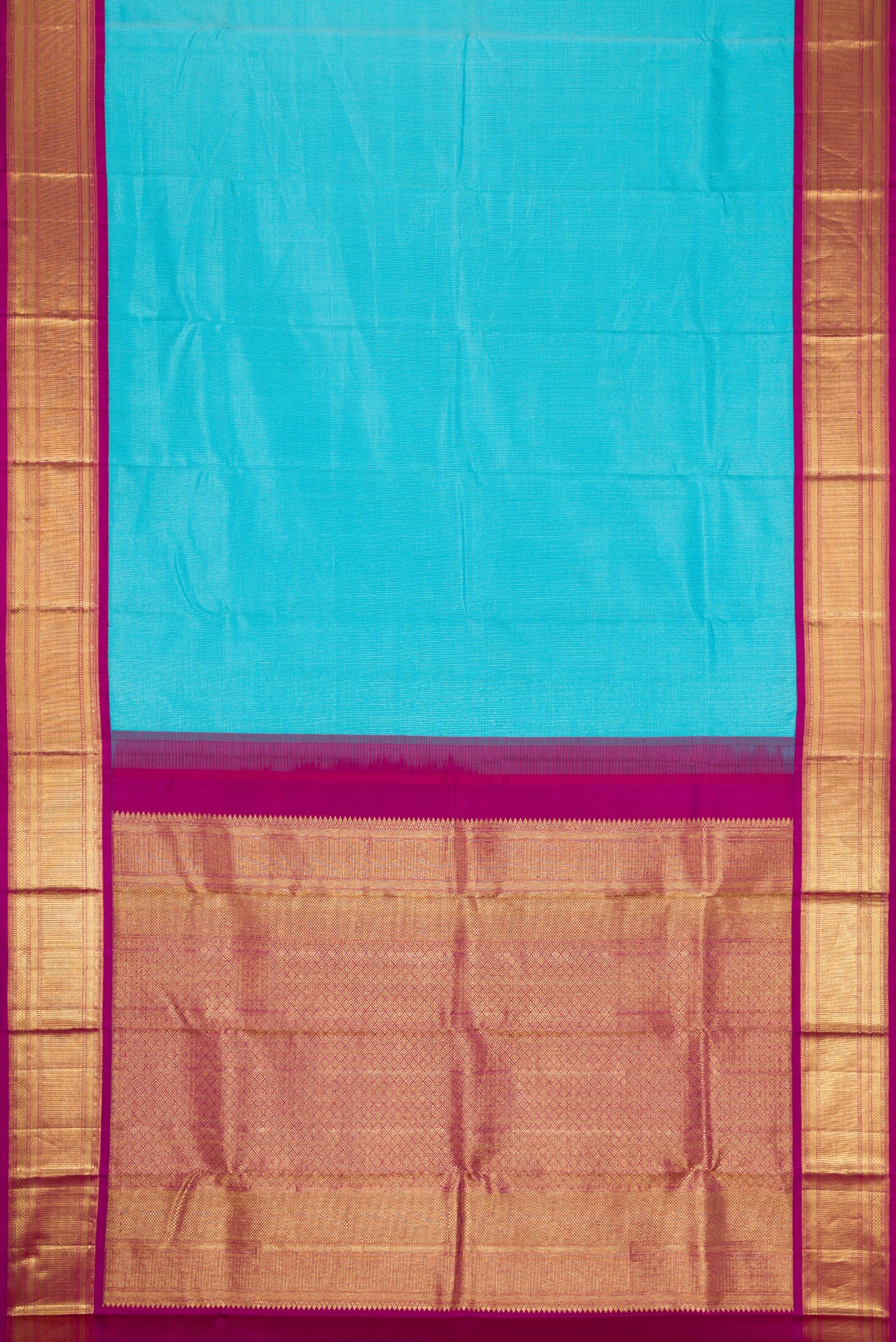 Flat view of Sky Blue Dual Tone Kanjivaram Silk Saree with Stripes on the body and Zari Border. 
