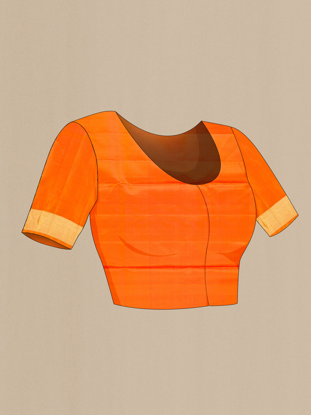 Close up image of the blouse of Orange Dual Tone Kanjivaram Silk Nine Yards Saree with Plain Body and Zari Border. 