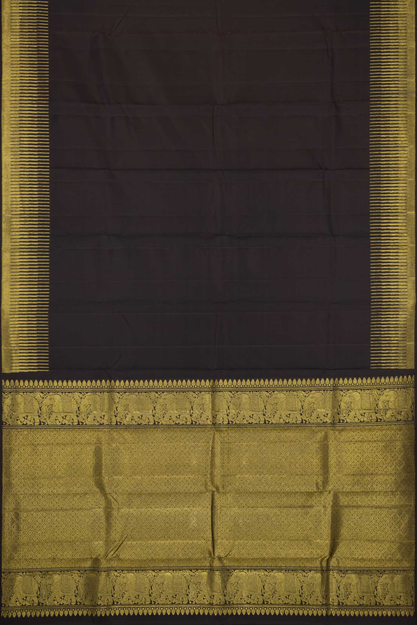 Flat view of Black Dual Tone Kanchipuram Silk Saree with Plain Body and Fancy Border. 