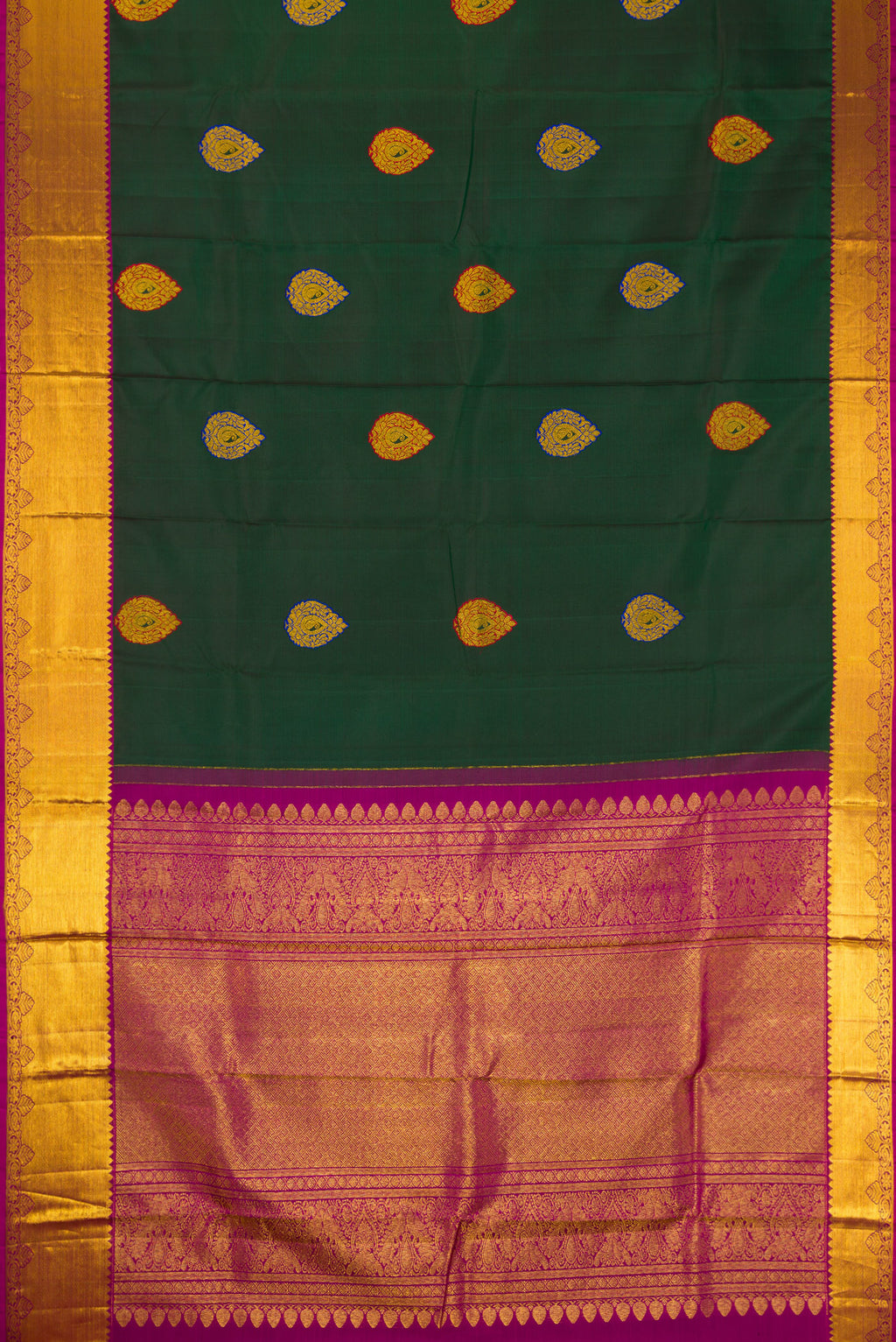 Flat view of Green Dual Tone Kanchipuram Silk Saree with Zari And Thread Butta on the body and Zari Border. 
