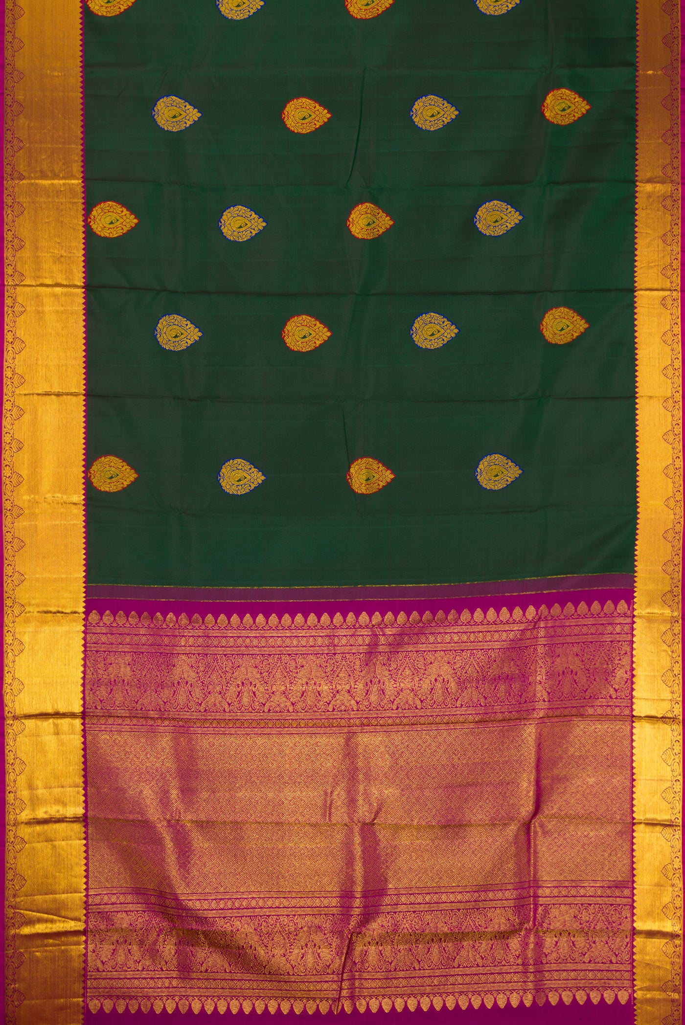 Flat view of Green Dual Tone Kanchipuram Silk Saree with Zari And Thread Butta on the body and Zari Border. 