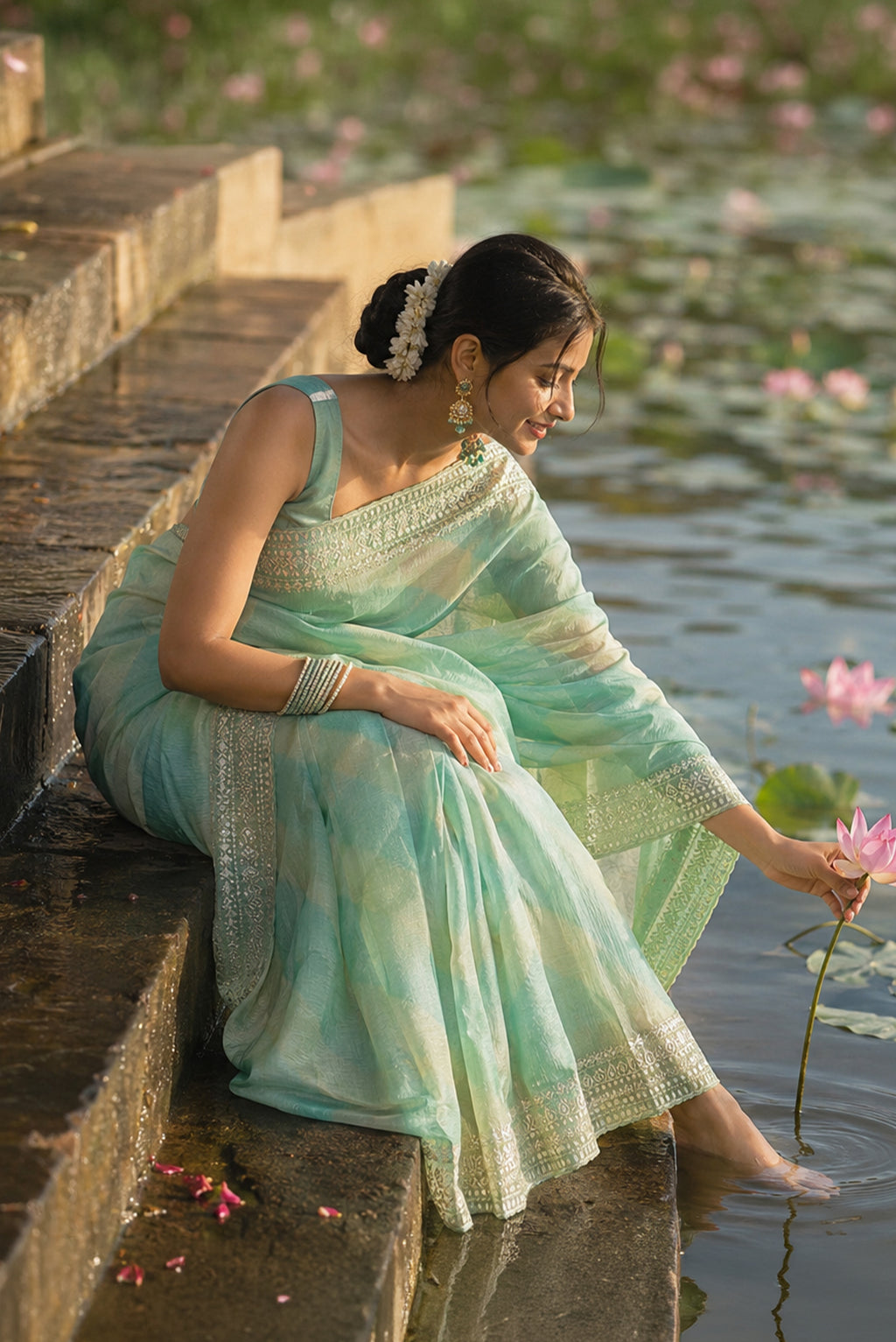 Model wearing a Light  Blue and Gold Color Organza Silk Saree with Stripes on the body and Embroidery Border.