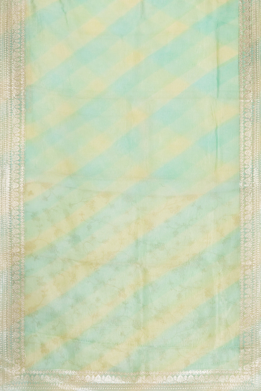Flat view of Pista Green Dual Tone Organza Silk Saree with Stripes on the body and Embroidery Border. 