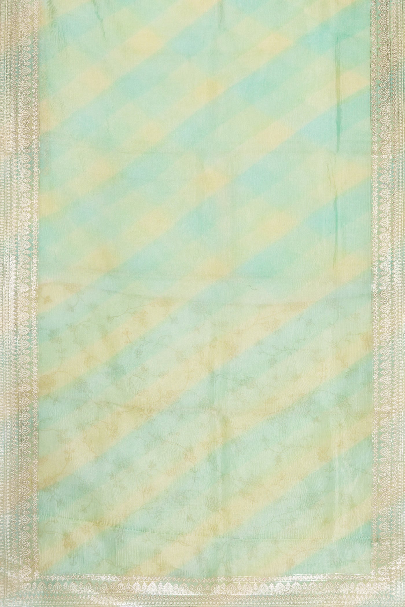 Flat view of Pista Green Dual Tone Organza Silk Saree with Stripes on the body and Embroidery Border. 