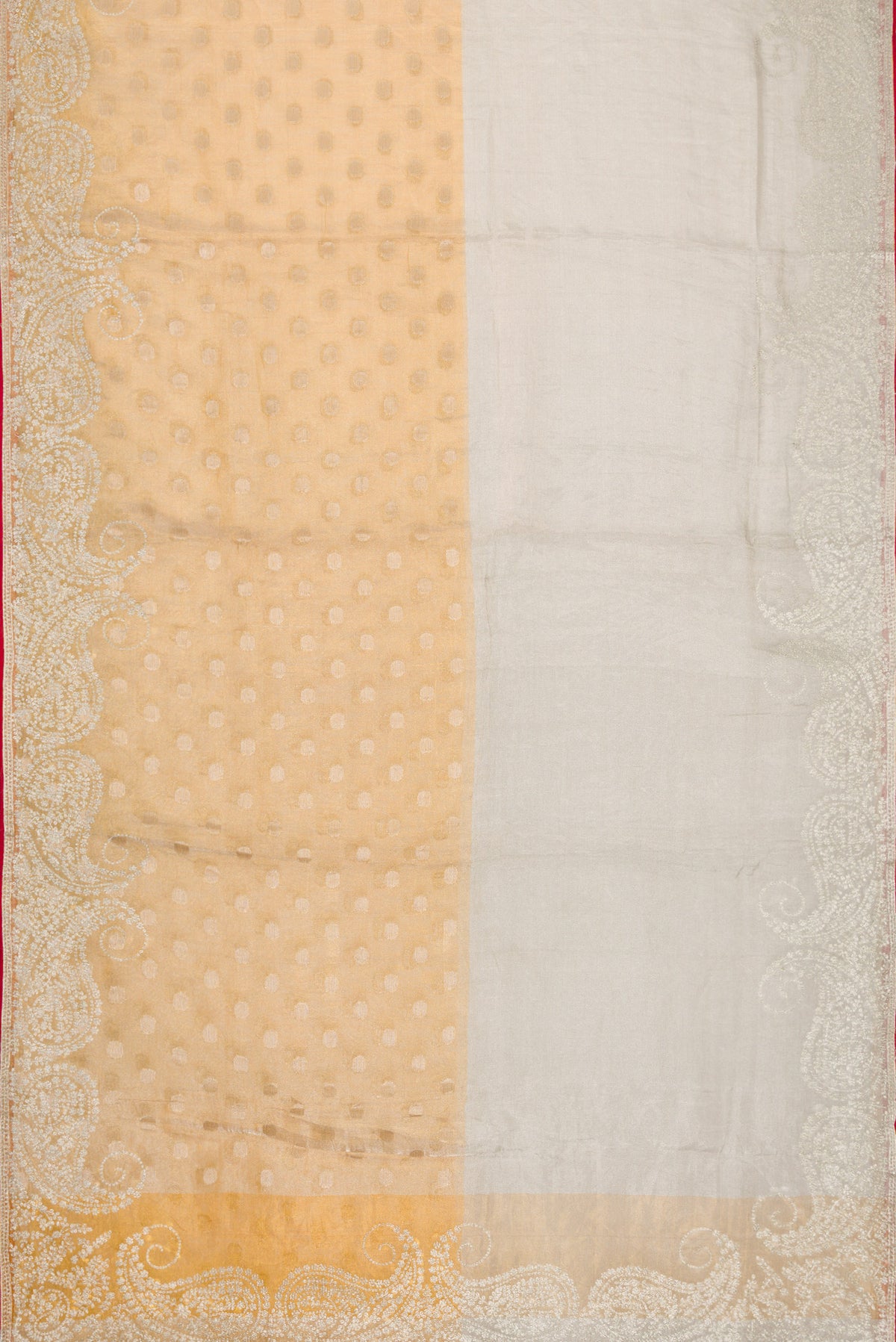Flat view of Gold Dual Tone Organza Silk Saree with Zari Butta on the body and Embroidery Border. 