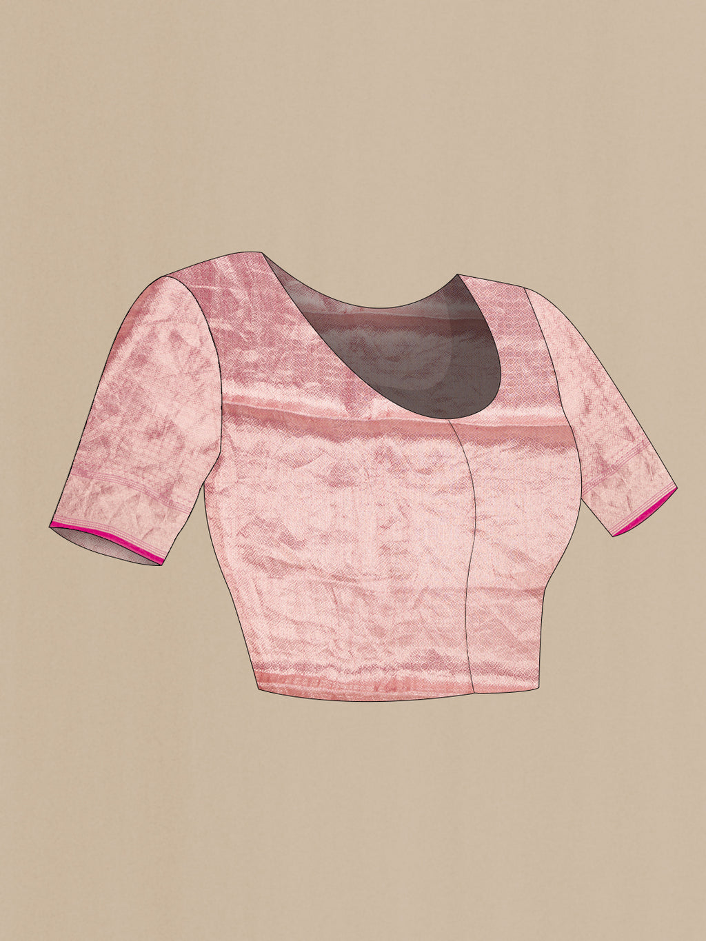 Close up image of the blouse of Pink Dual Tone Organza Silk Saree with Stripes on the body and Zari Border. 