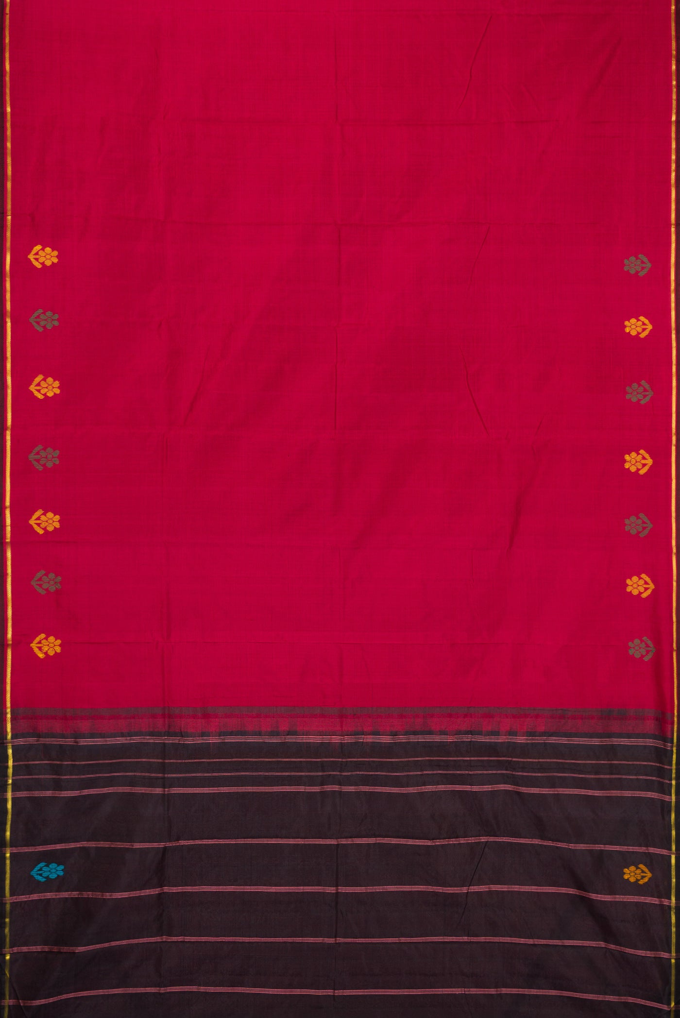 Flat view of Maroon Kanchipuram Silk Saree with Plain Body and Fancy Border. 