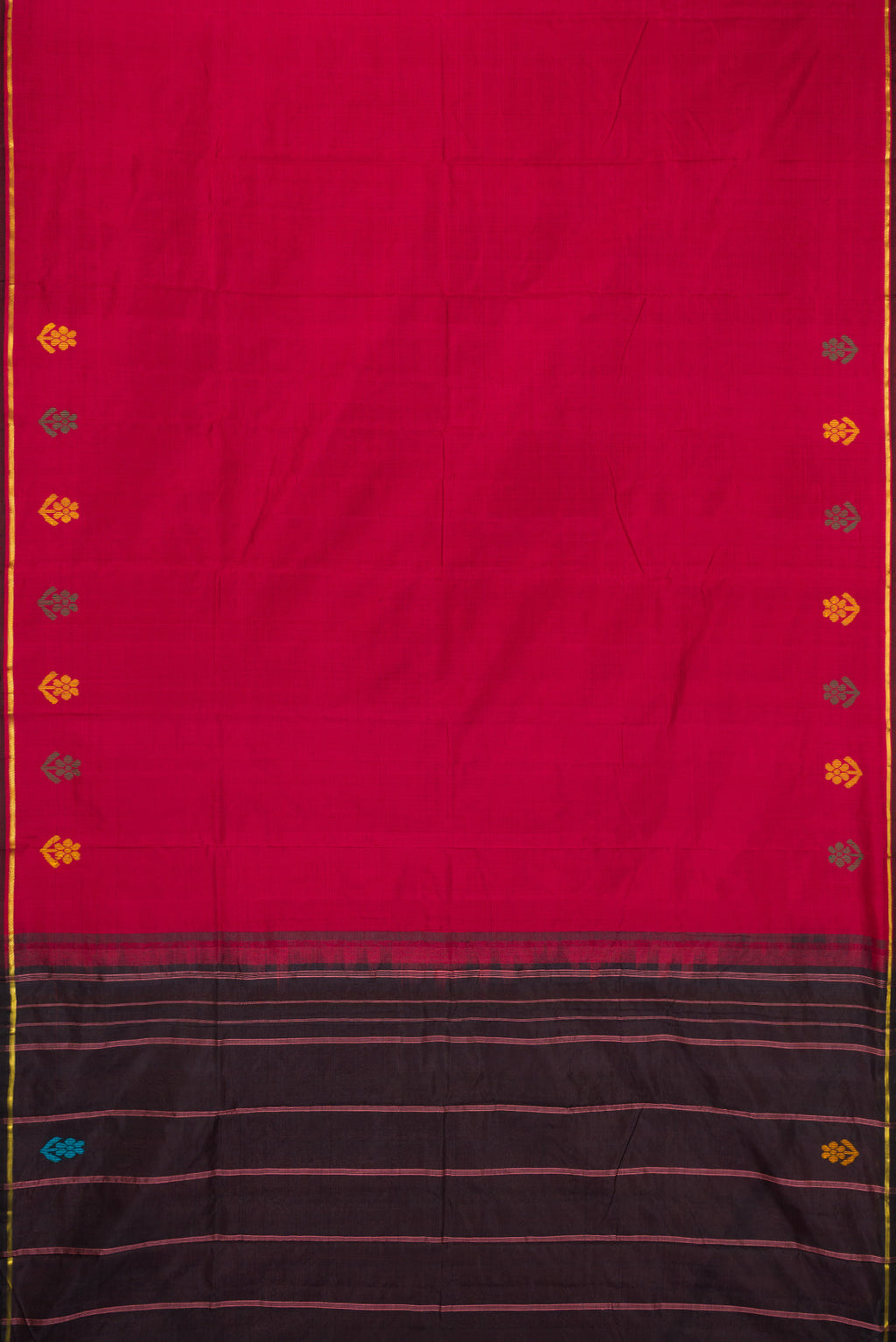 Maroon Kanchipuram Silk Saree with Plain Body and Fancy Border.  displayed on a mannequin