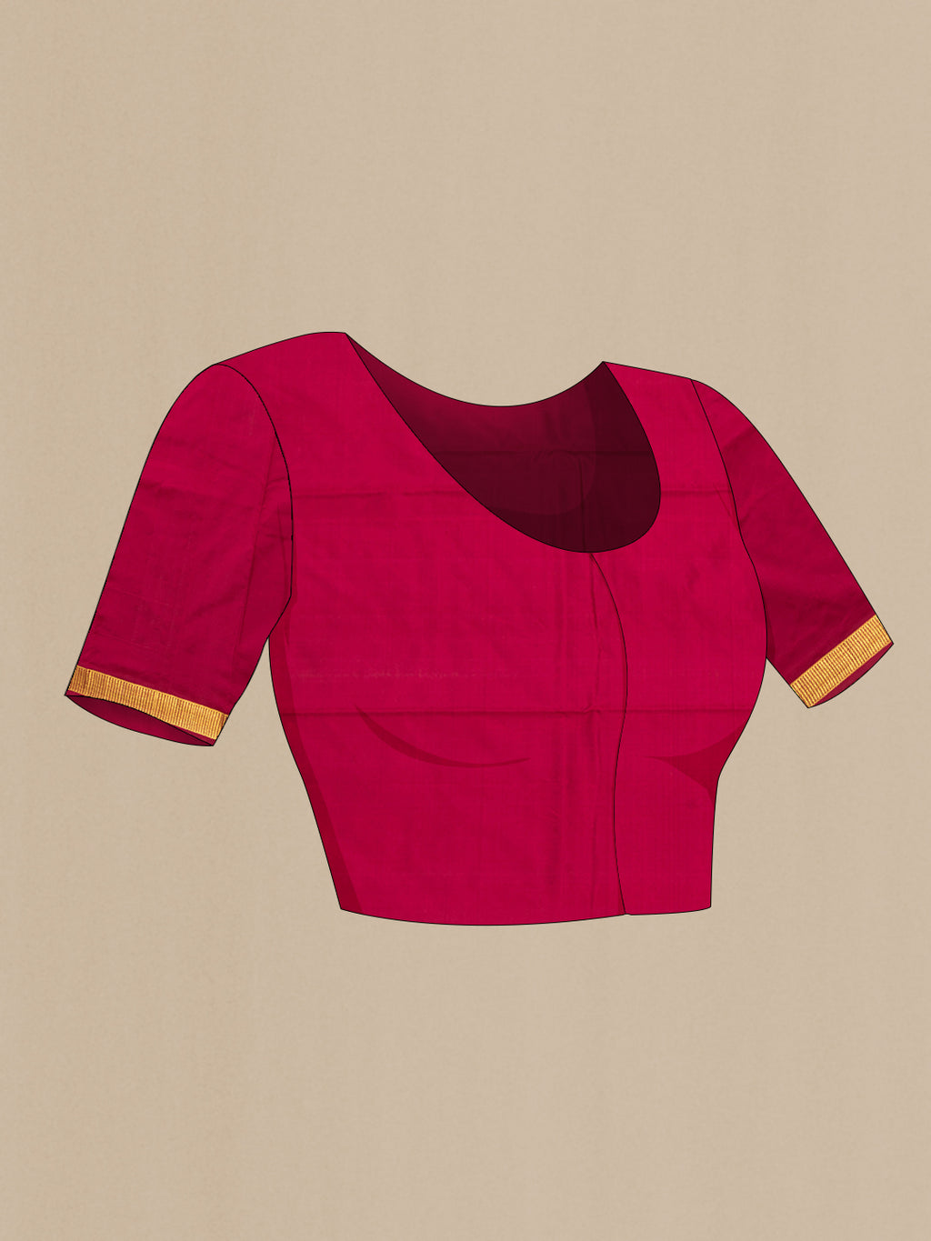 Close up image of the blouse of Maroon Kanjivaram Silk Saree with Plain Body and Zari Border. 