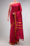 Maroon Dual Tone Kanjivaram Silk Nine Yards Saree with Checked design on the body and Zari Border.  displayed on a mannequin