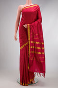 Maroon Kanjivaram Silk Nine Yards Saree with Checked design on the body and Zari Border.  displayed on a mannequin