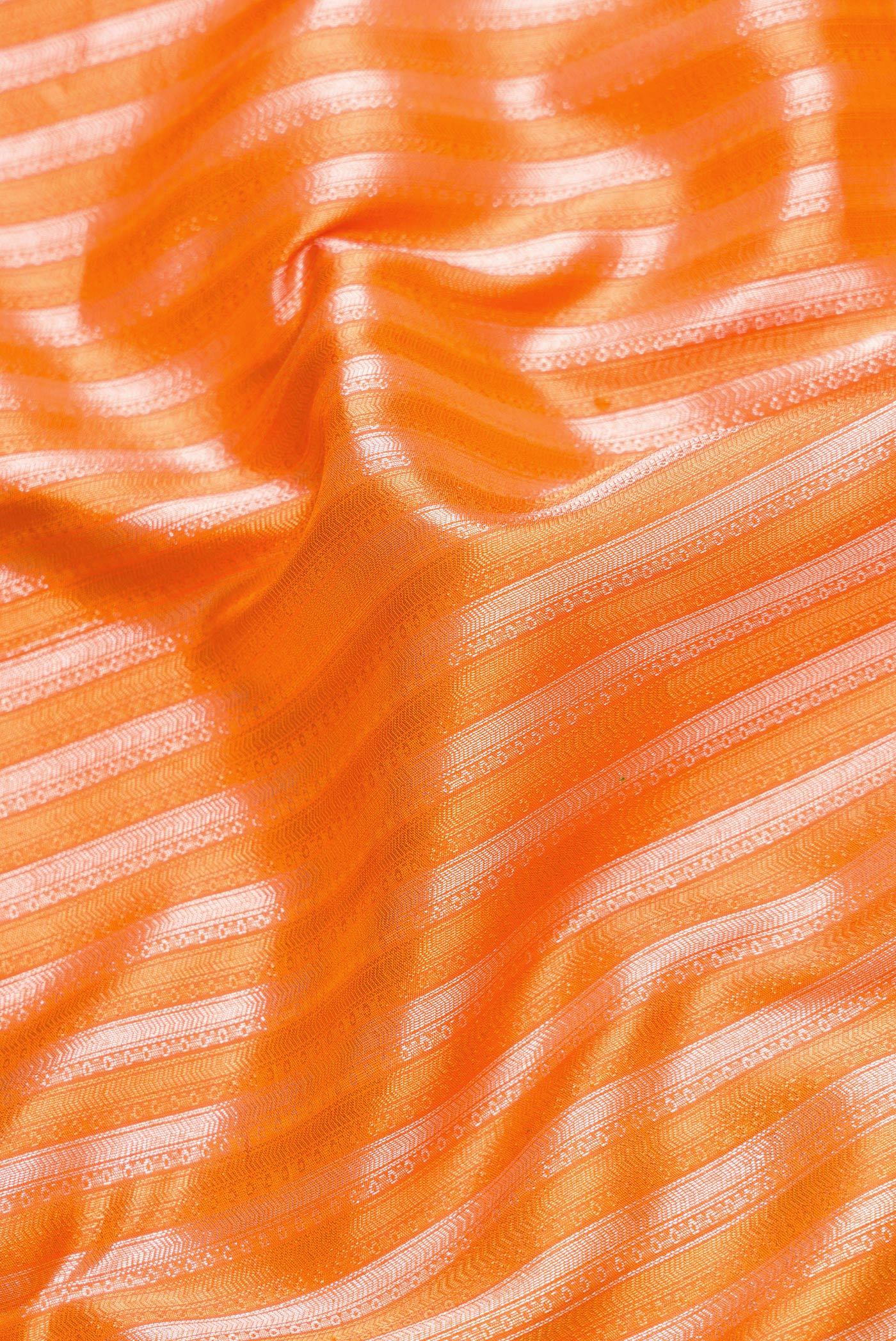 Close up of Peach Dual Tone Kanchipuram Silk Saree with Zari Brocade on the body and Zari Border.  displaying folds