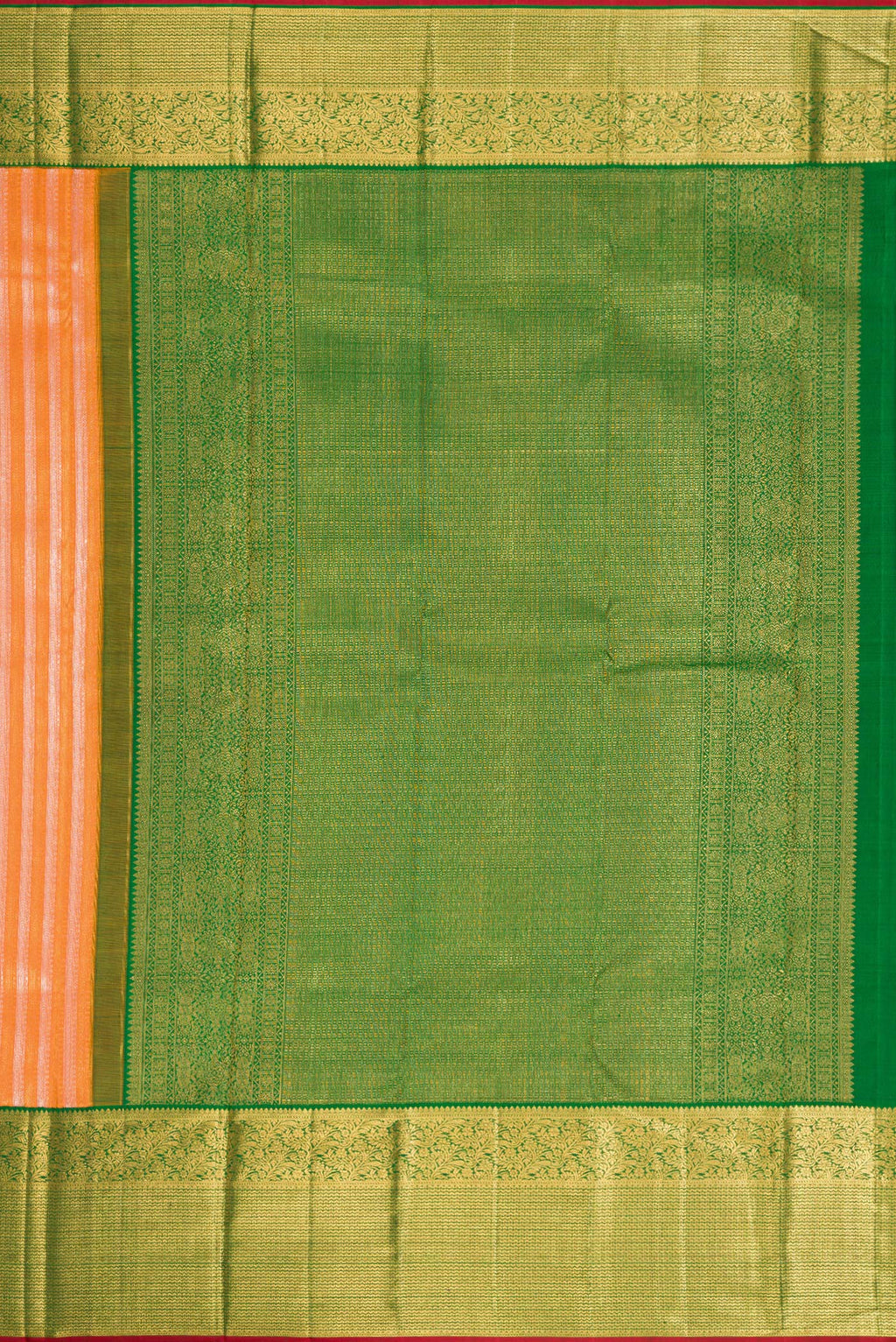 Close up image of the pallu of Peach Dual Tone Kanchipuram Silk Saree with Zari Brocade on the body and Zari Border. 