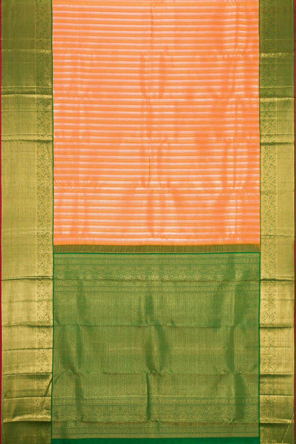 Flat view of Peach Dual Tone Kanchipuram Silk Saree with Zari Brocade on the body and Zari Border. 