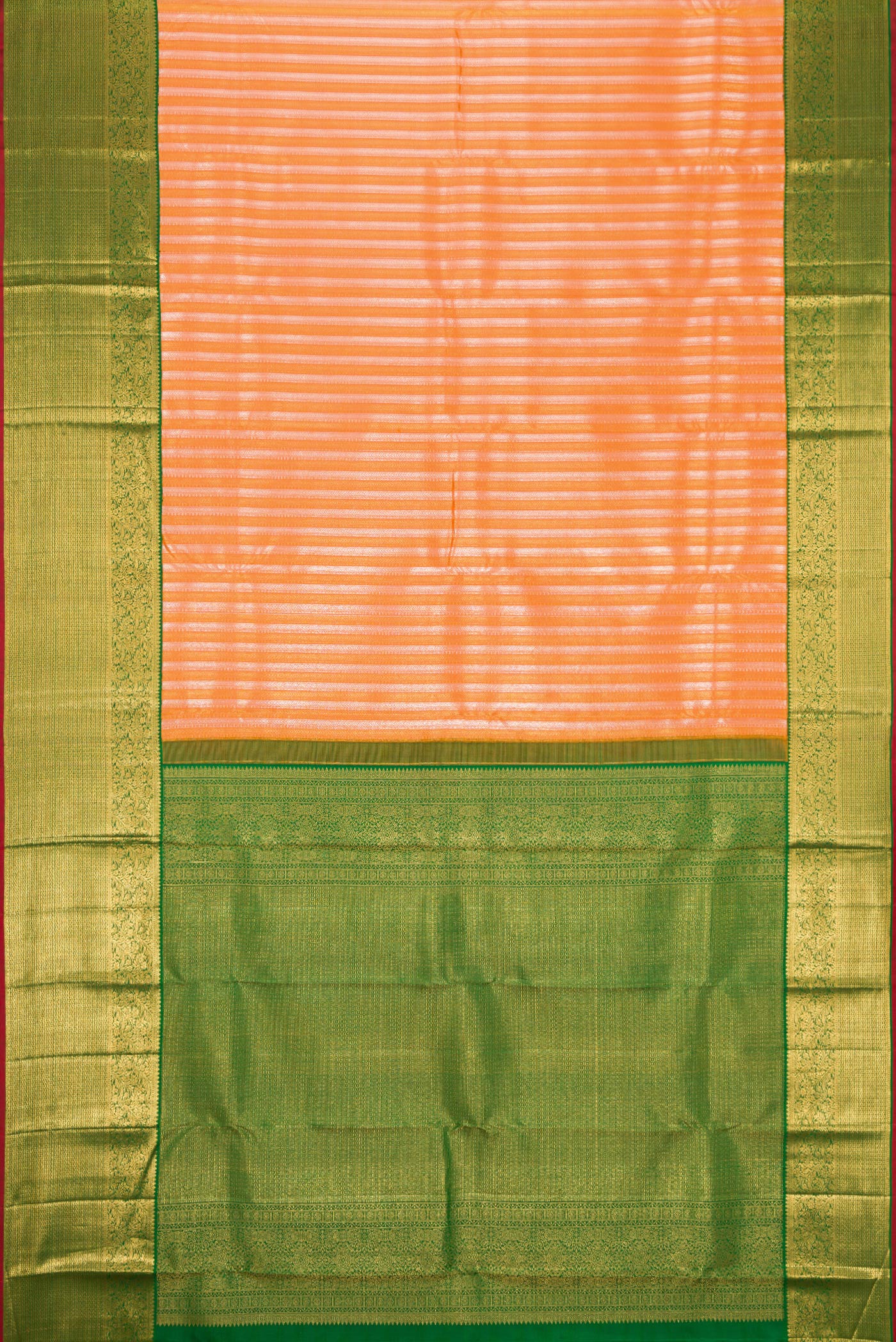 Flat view of Peach Dual Tone Kanchipuram Silk Saree with Zari Brocade on the body and Zari Border. 