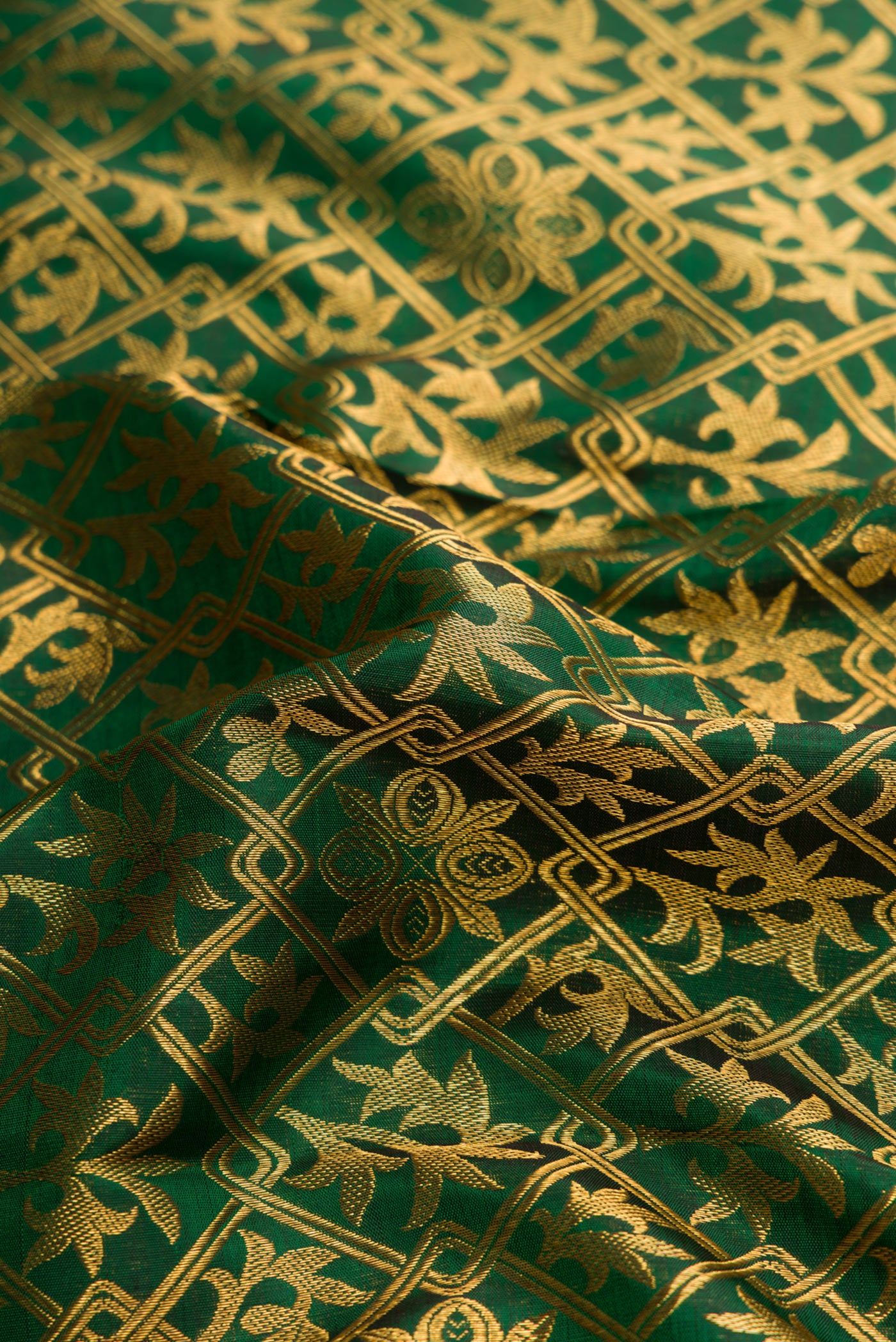 Close up of Green Dual Tone Kanjivaram Silk Saree with Zari Brocade on the body and Zari Border.  displaying folds