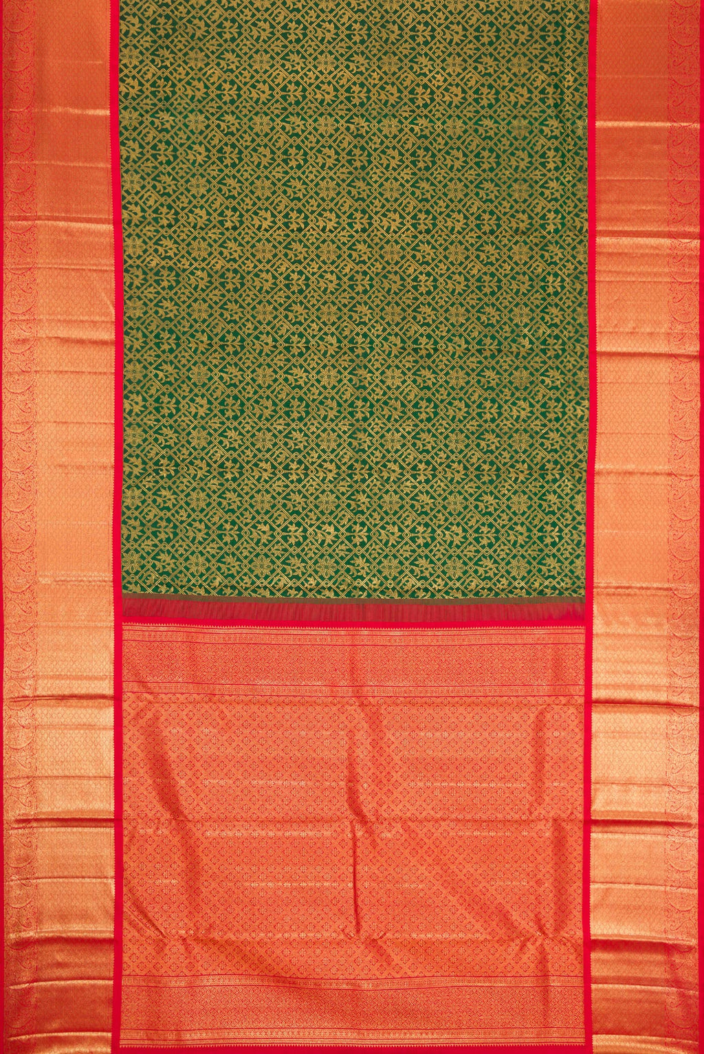 Flat view of Green Dual Tone Kanjivaram Silk Saree with Zari Brocade on the body and Zari Border. 