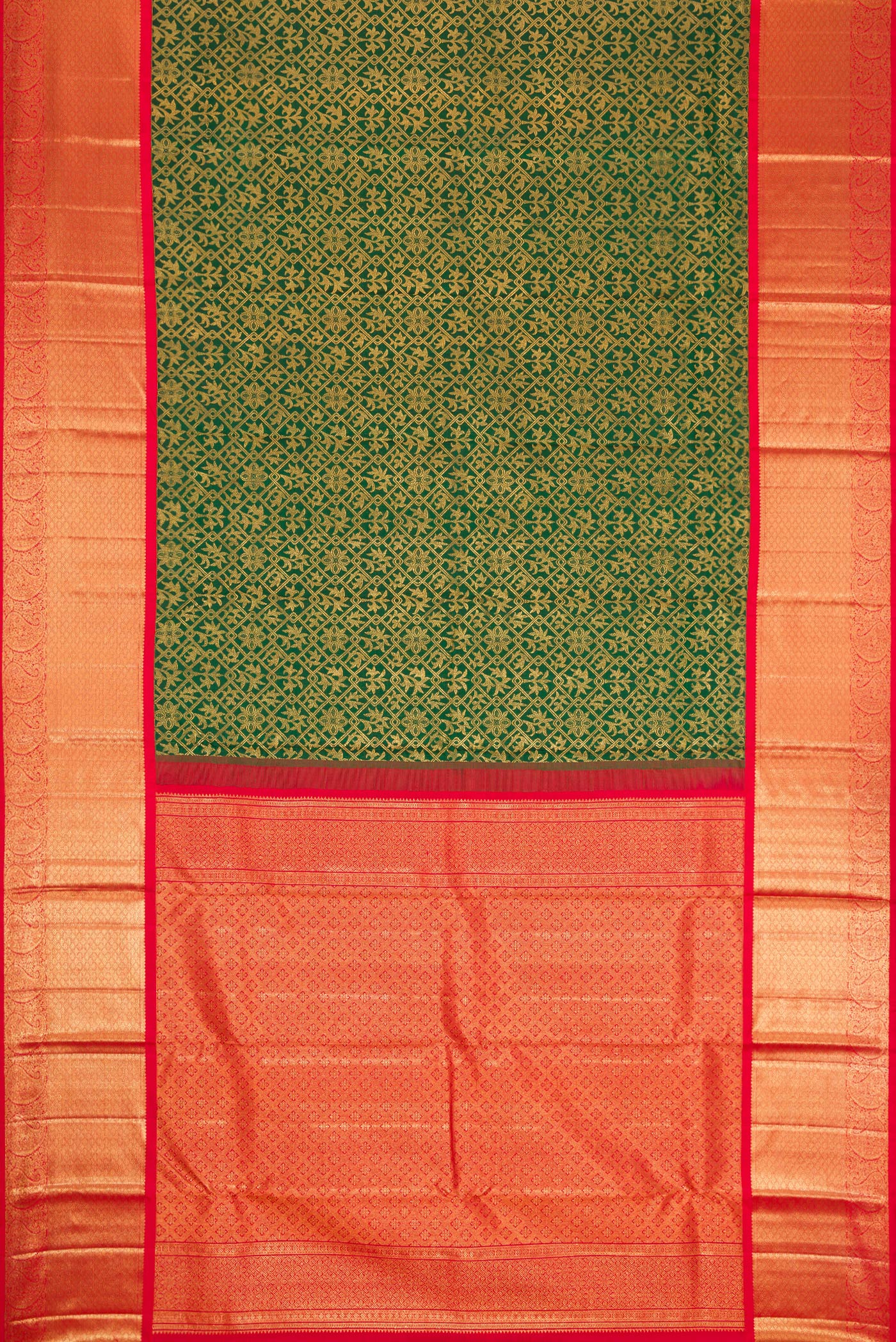 Flat view of Green Dual Tone Kanjivaram Silk Saree with Zari Brocade on the body and Zari Border. 