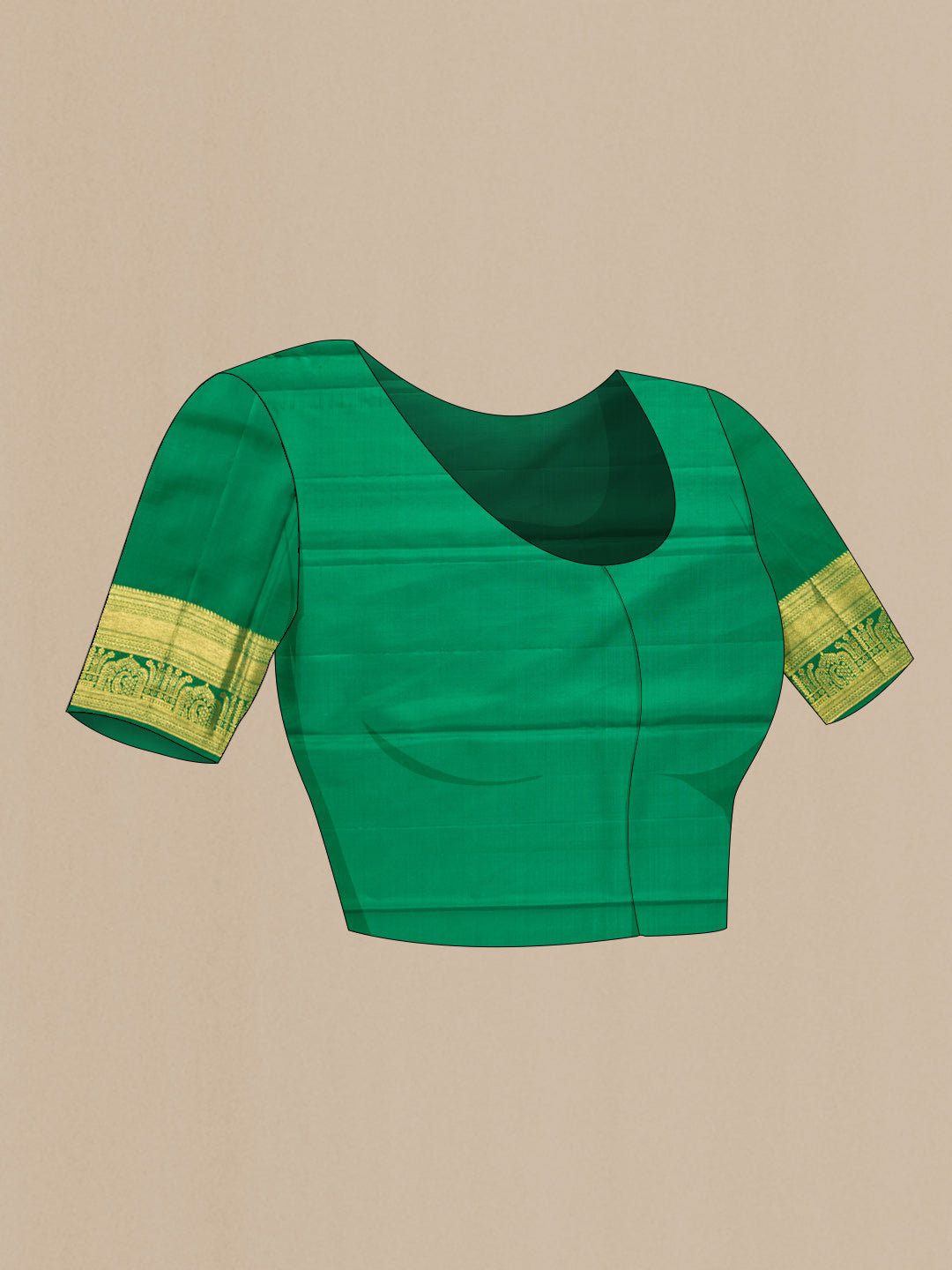 Close up image of the blouse of Green Dual Tone Kanchipuram Silk Saree with Zari Brocade on the body and Zari Border