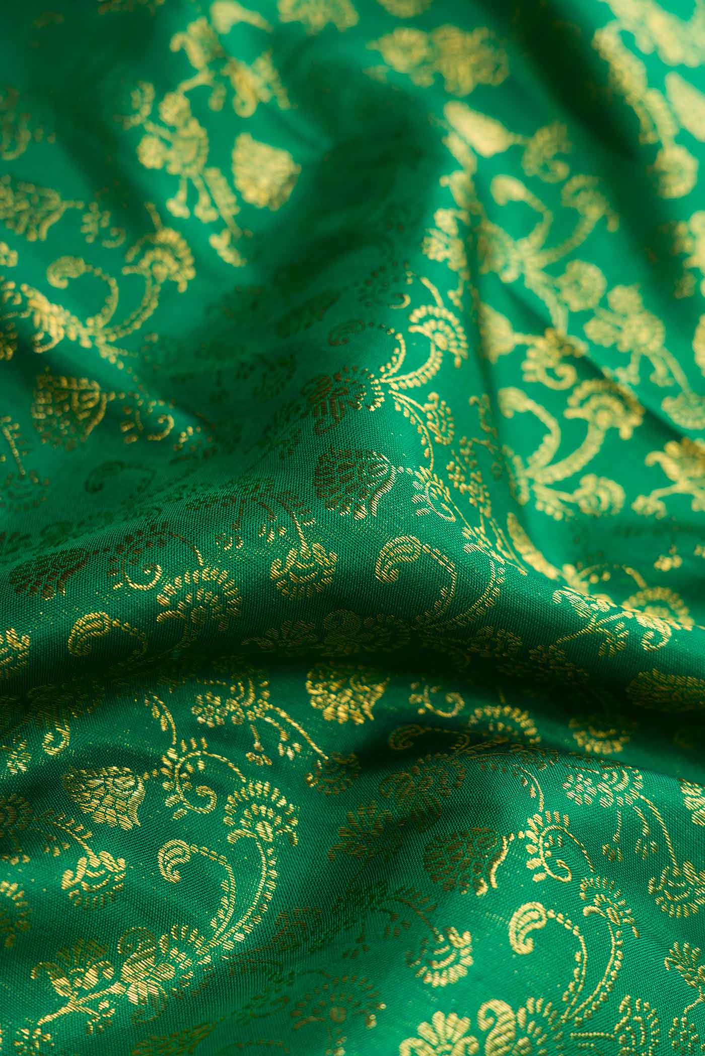 Close up of Green Dual Tone Kanchipuram Silk Saree with Zari Brocade on the body and Zari Border displaying folds