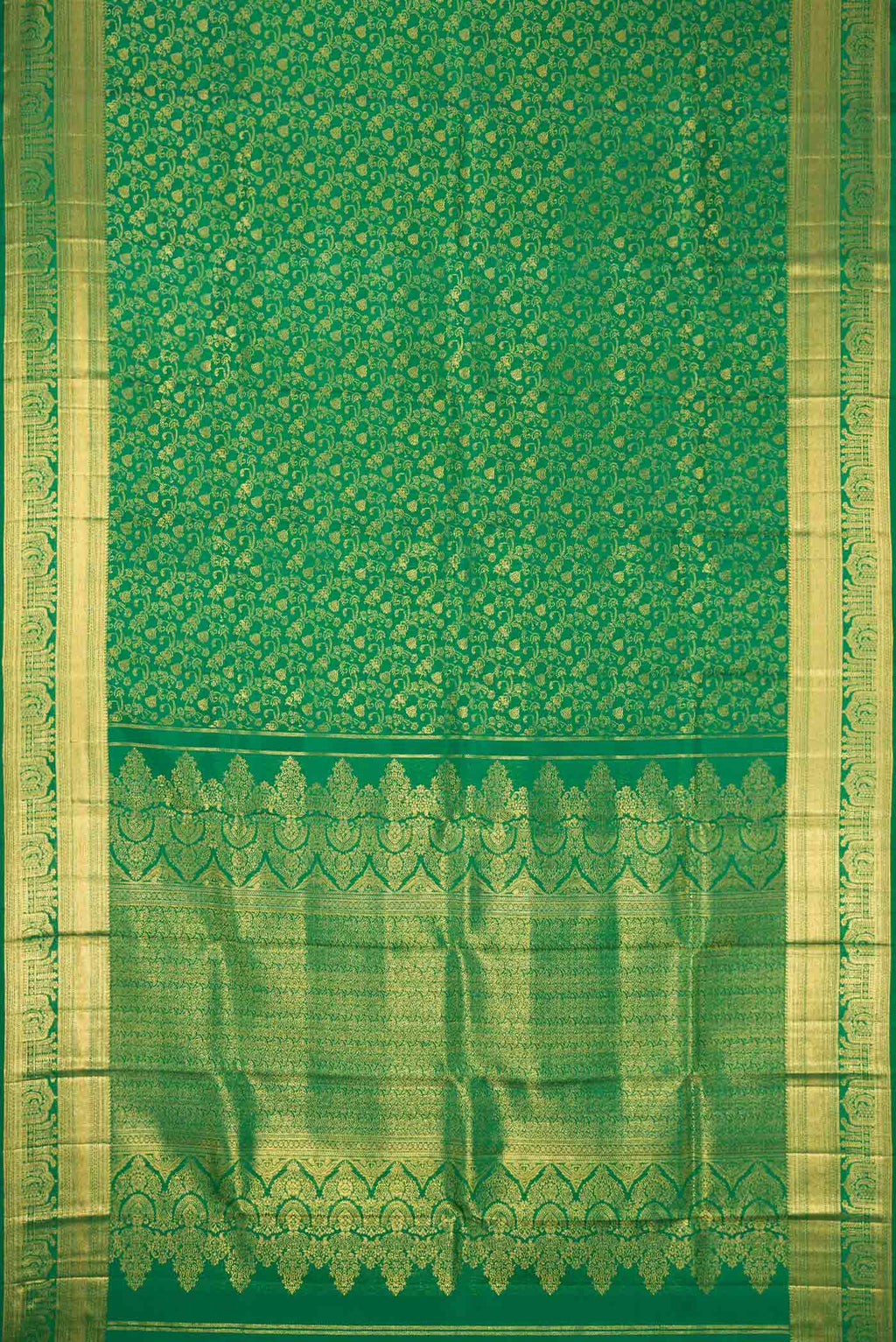 Flat view of Green Dual Tone Kanchipuram Silk Saree with Zari Brocade on the body and Zari Border