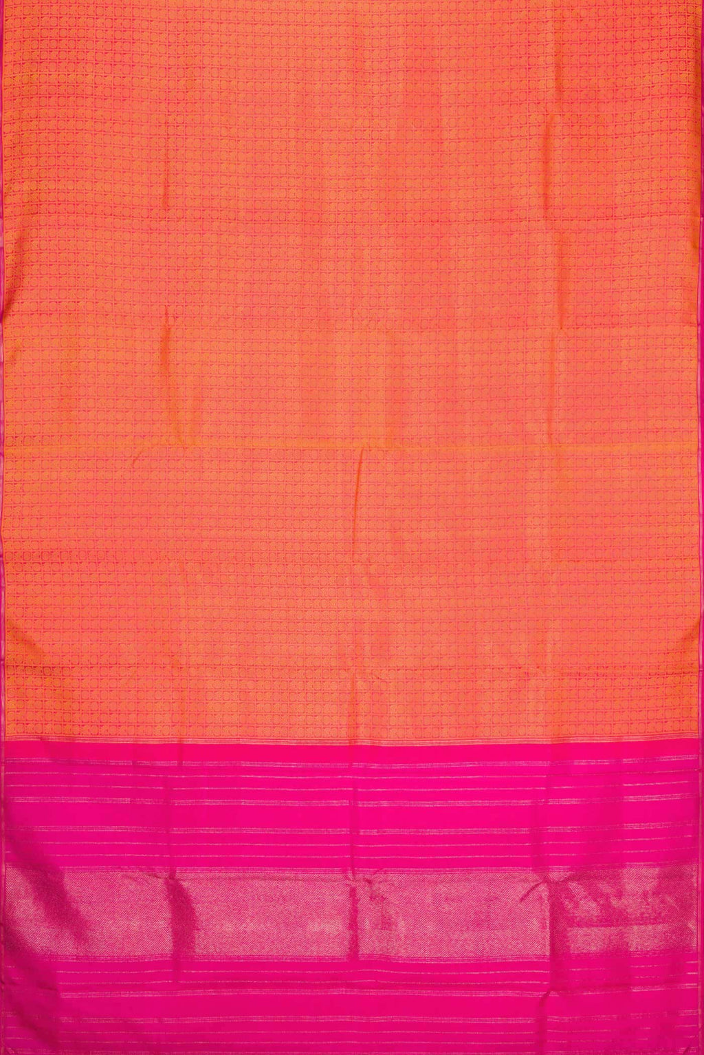 Flat view of Pure Silk Pure Zari Orange Dual Tone Kanjivaram Saree with Jacquard design on the body and Thin Zari Line. 