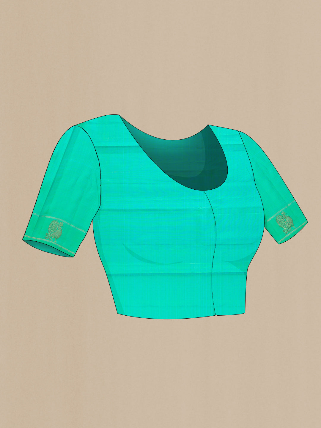 Close up image of the blouse of Pure Silk Pure Zari Sea Green Dual Tone Kanjivaram Saree with Jacquard design on the body and Fancy Border. 