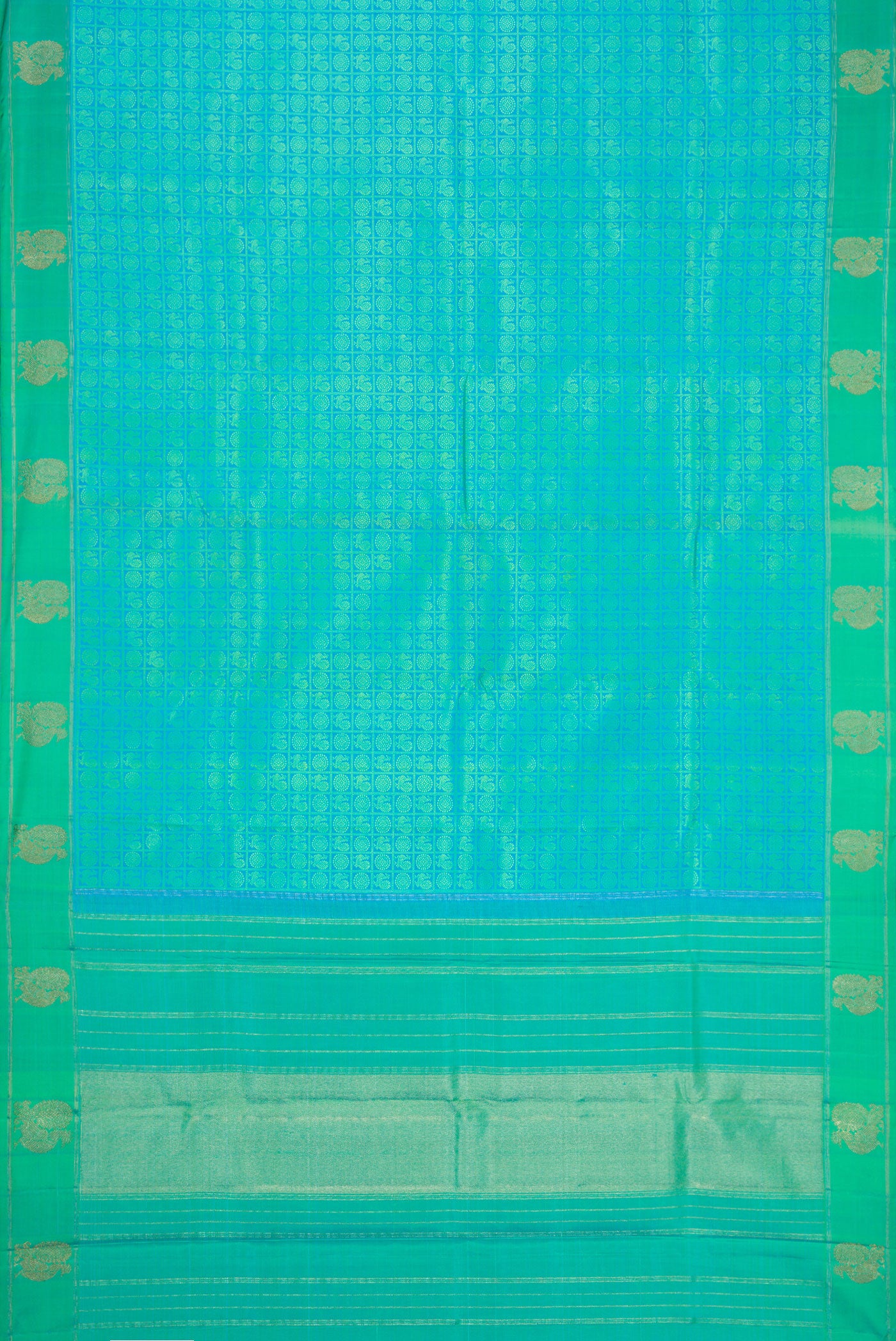 Flat view of Pure Silk Pure Zari Sea Green Dual Tone Kanjivaram Saree with Jacquard design on the body and Fancy Border. 