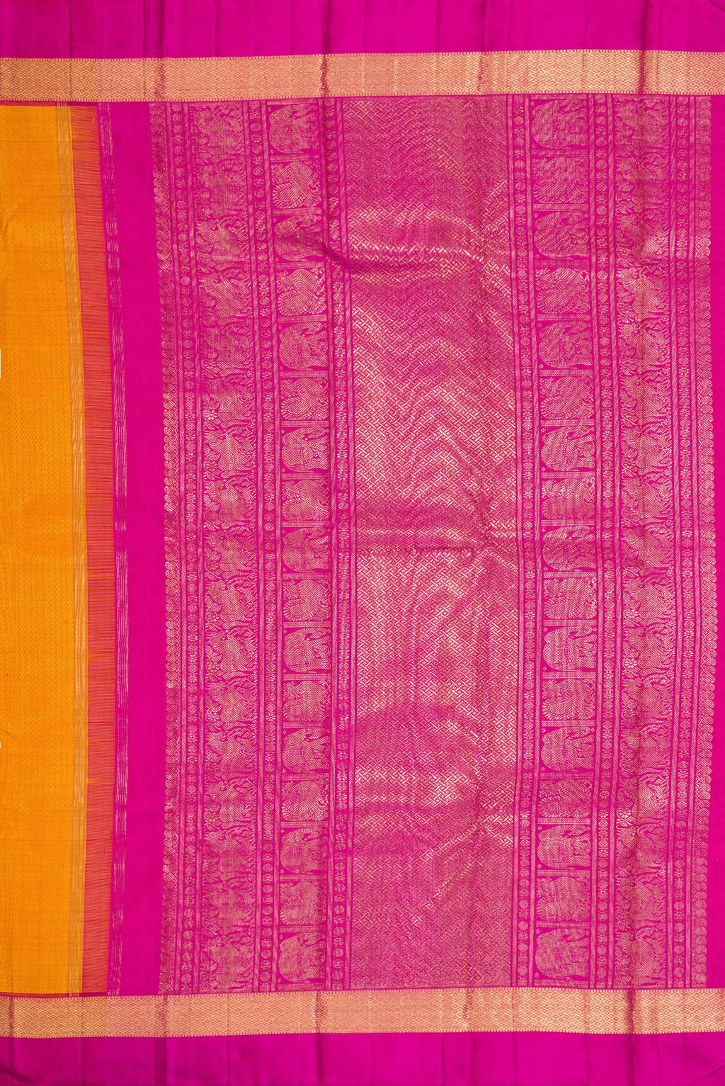 Close up image of the pallu of Pure Silk Pure Zari Mustard Dual Tone Kanchipuram Saree with Jacquard design on the body and Zari And Thread Border. 