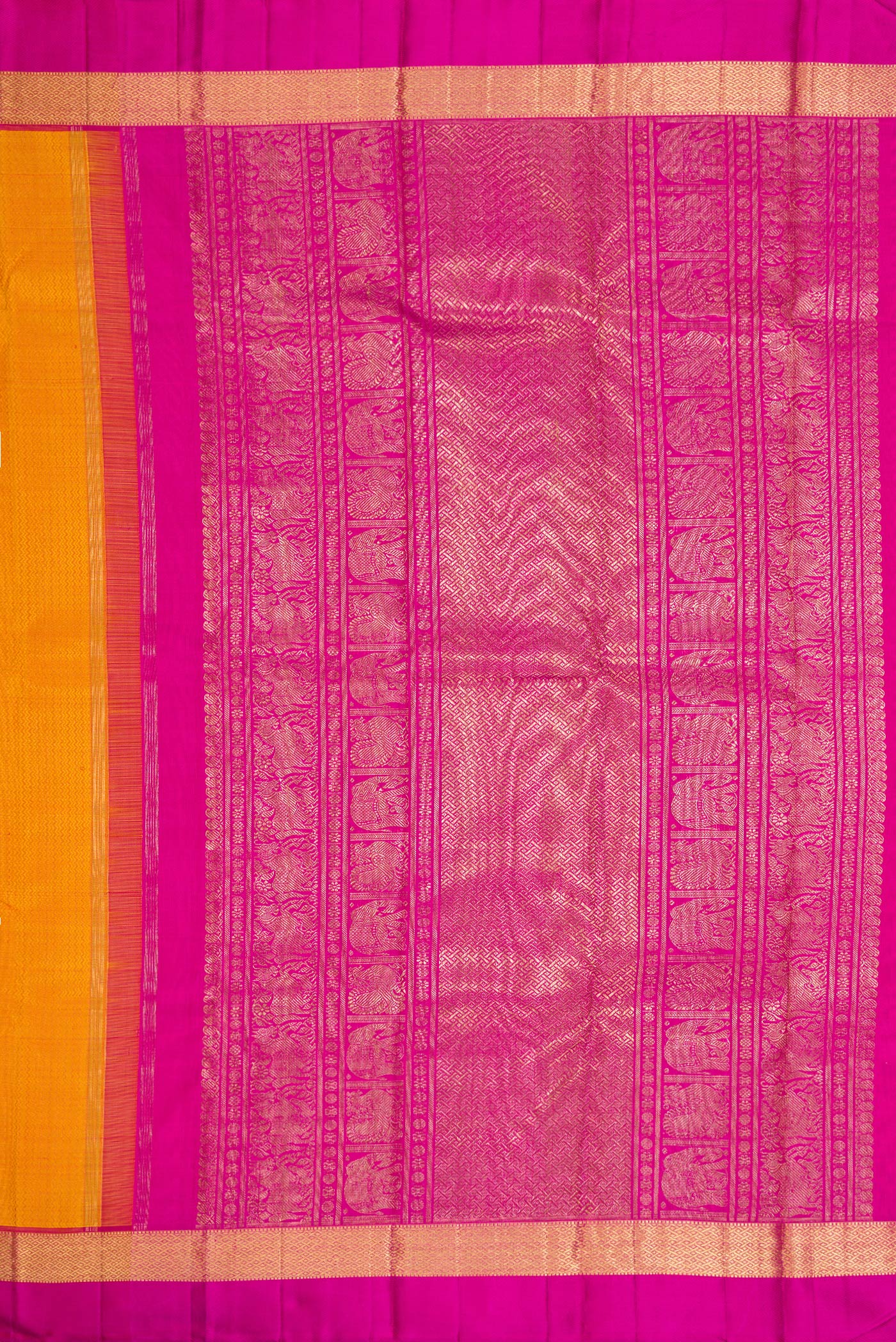 Close up image of the pallu of Pure Silk Pure Zari Mustard Dual Tone Kanchipuram Saree with Jacquard design on the body and Zari And Thread Border. 