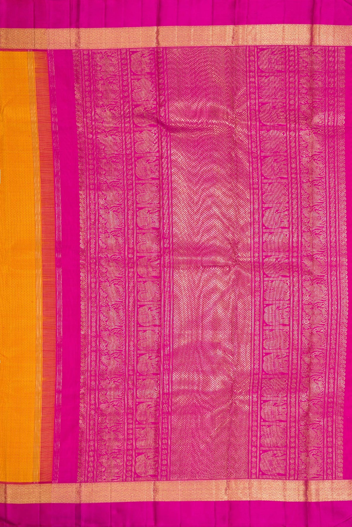 Close up image of the pallu of Pure Silk Pure Zari Mustard Dual Tone Kanchipuram Saree with Jacquard design on the body and Zari And Thread Border. 